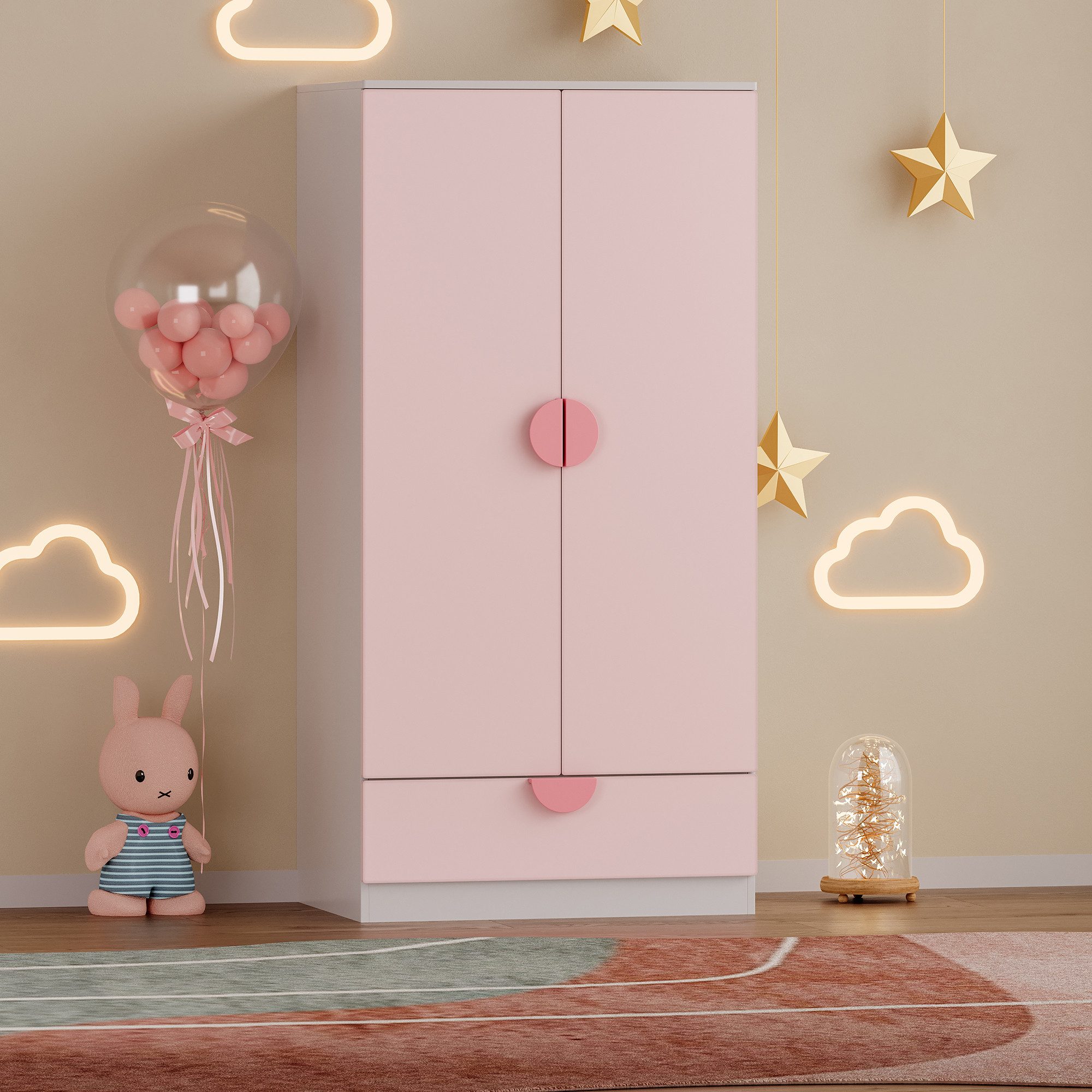 en.casa Kinderkleiderschrank »Sandnes« mit Schublade 123x60x40 cm Rosa/Weiß