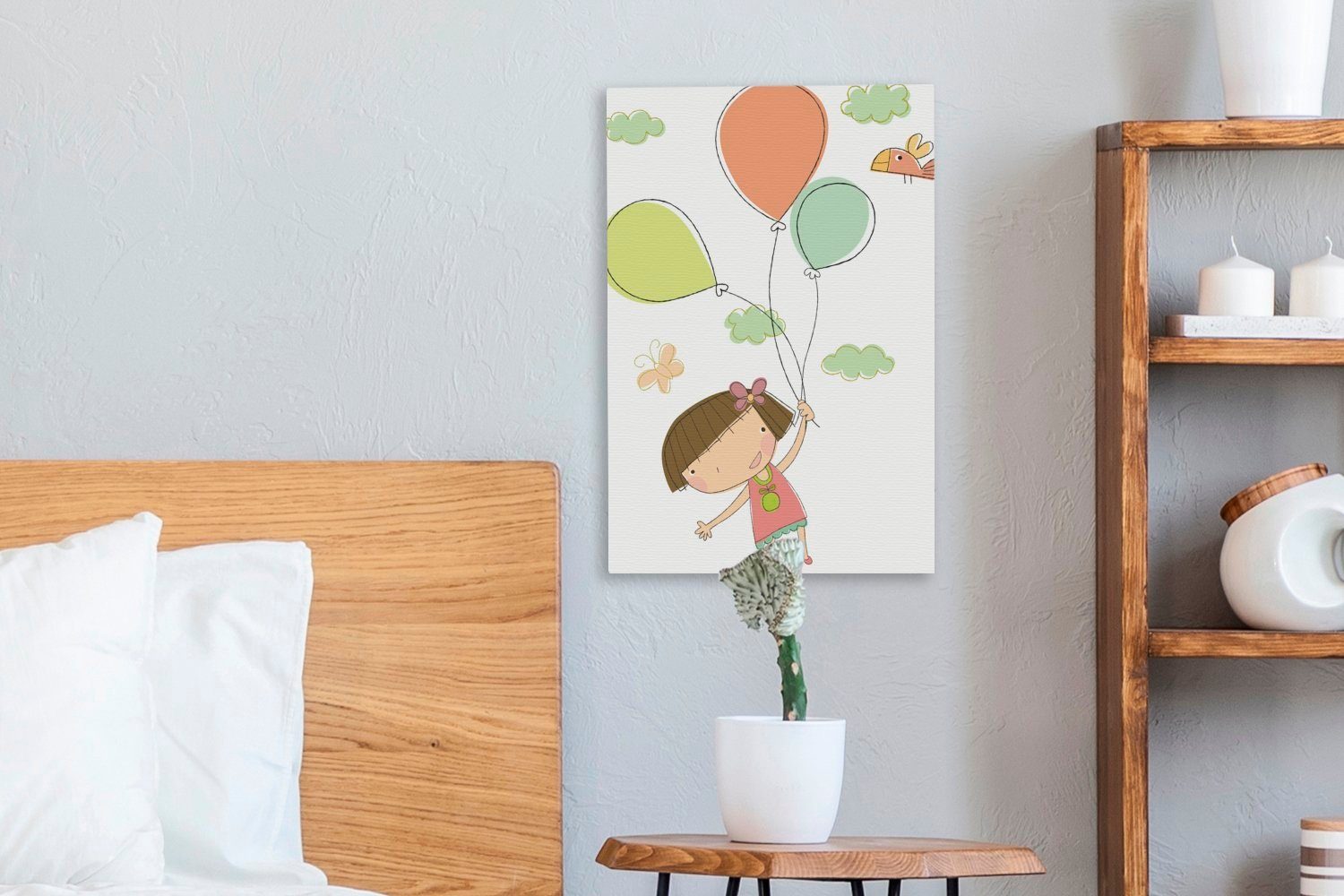 eines 20x30 mit inkl. Mädchens Zackenaufhänger, Leinwandbild gezeichnete St), Gemälde, Luftballons, Eine cm (1 fertig bespannt OneMillionCanvasses® Illustration Leinwandbild