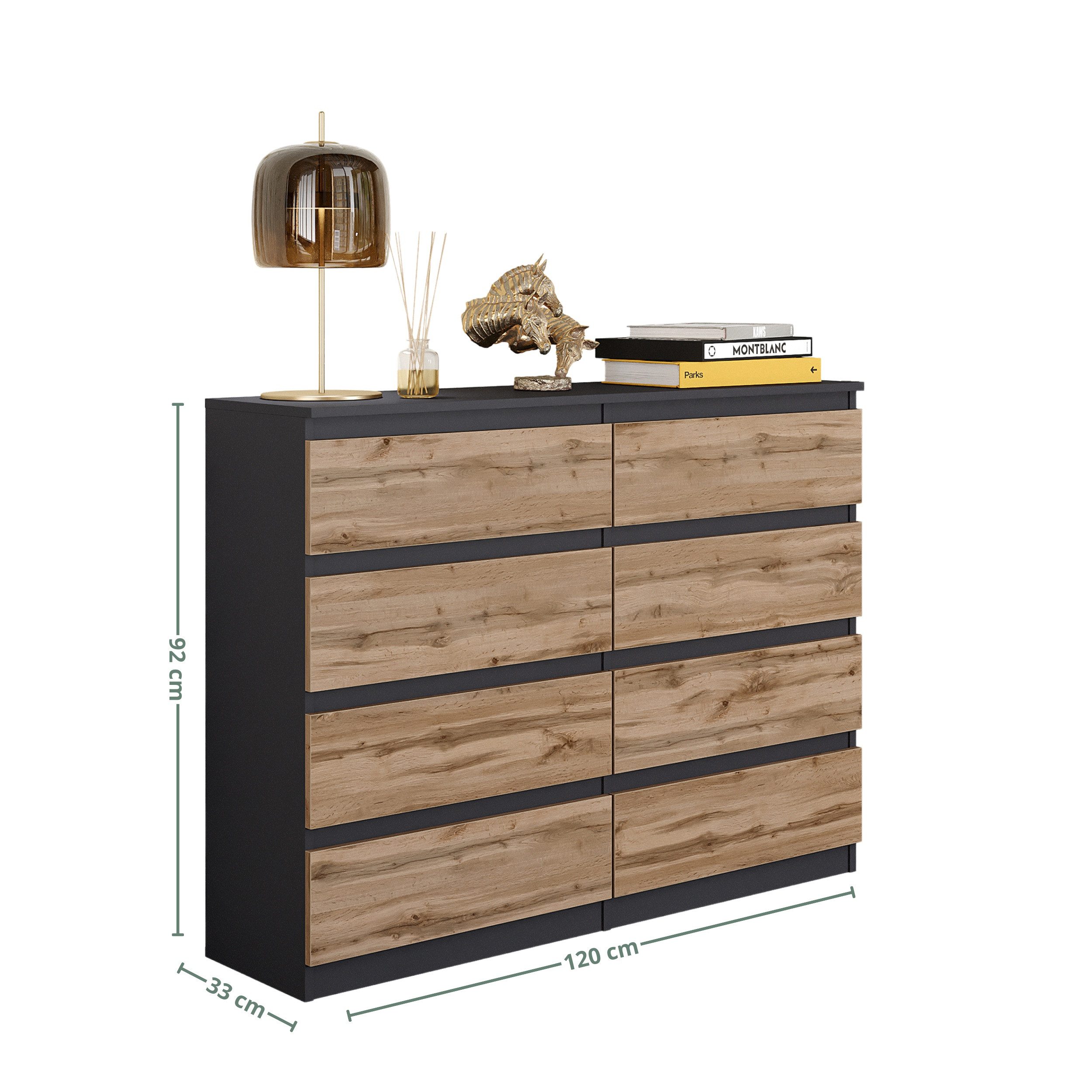 Furnica Kommode Anthrazit Kommode 120 cm mit 8 Schubladen - Wohn - und Schlafzimmer