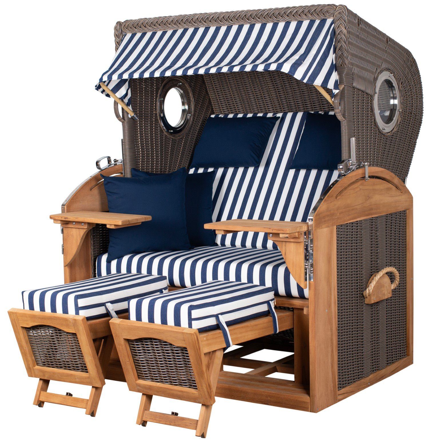 bene living Strandkorb Borkum XL Teak - PE grau - Modell 518, BxTxH: 142x95x170 cm, Volllieger ca. 180 Grad, Nordsee-Strandkorb Komplettset, inkl. Liftersystem und Bullaugen