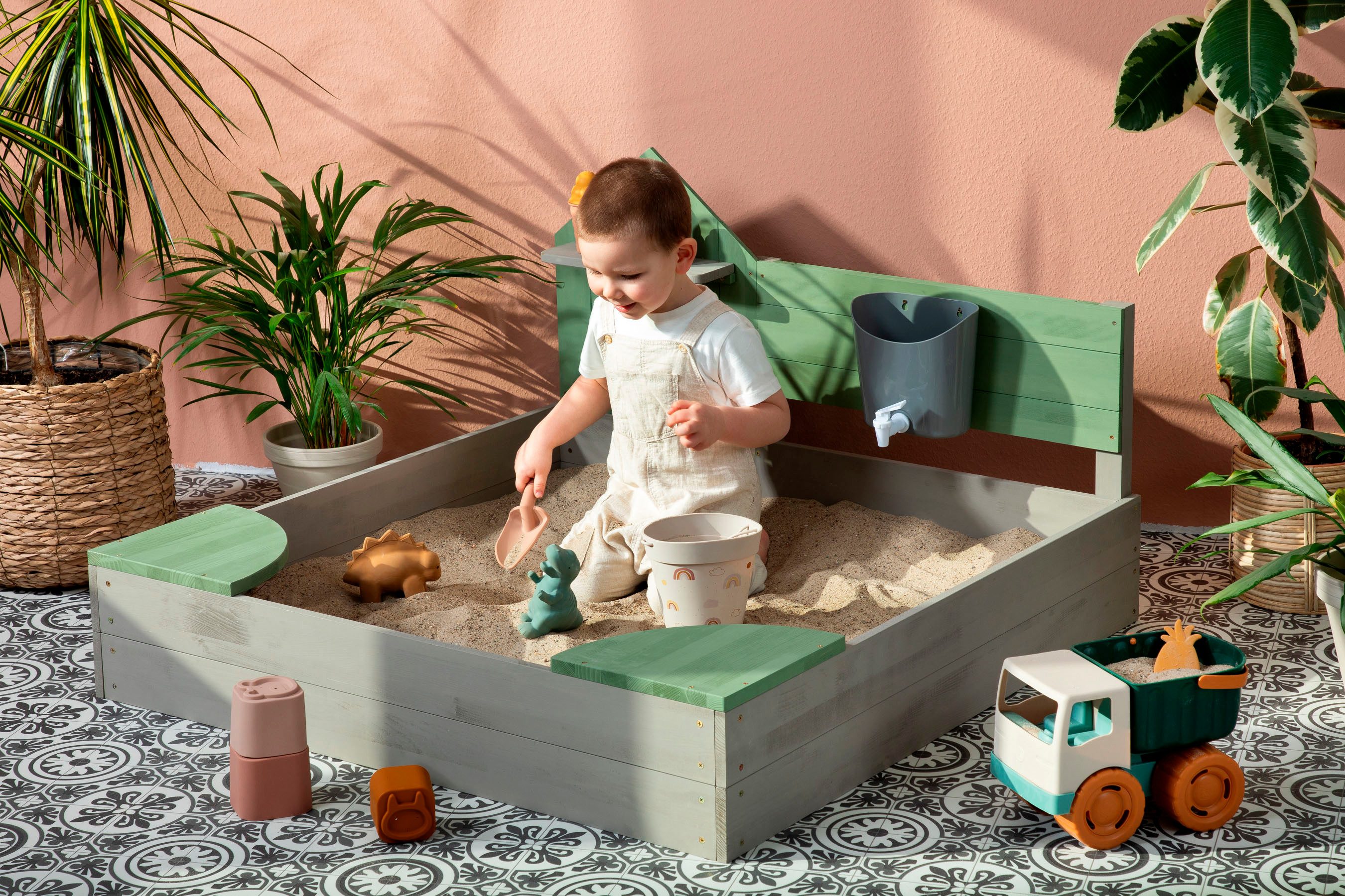 MUDDY BUDDY® Sandkasten Cozy House, warmgrau/eukalyptus