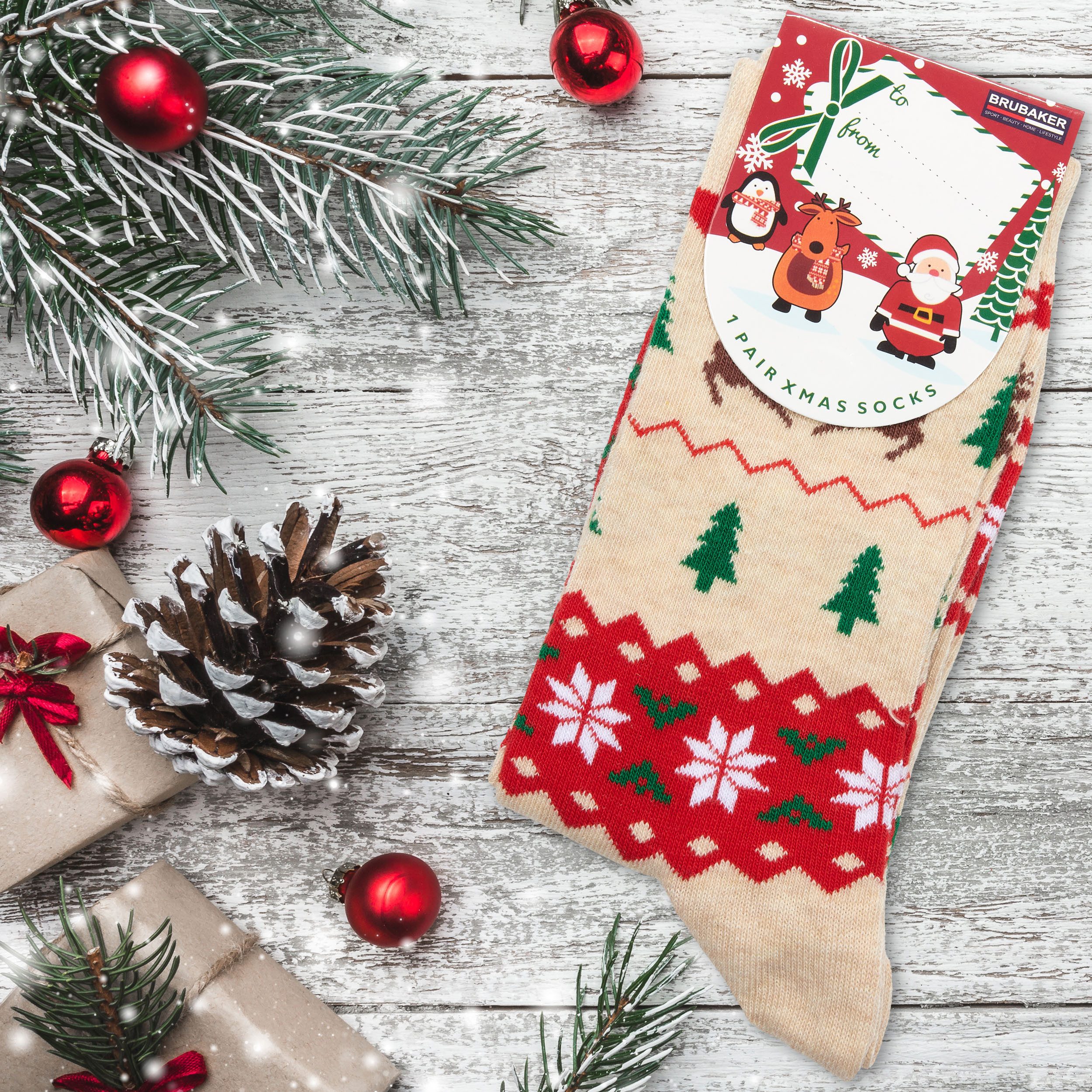 BRUBAKER Socken Weihnachtssocken für Damen und Herren - Weihnachtsmuster Beige (Weihnachtsmotiv, 1-Paar, Lustige Freizeitsocken) Baumwolle Socken Weihnachten - Unisex Baumwollsocken