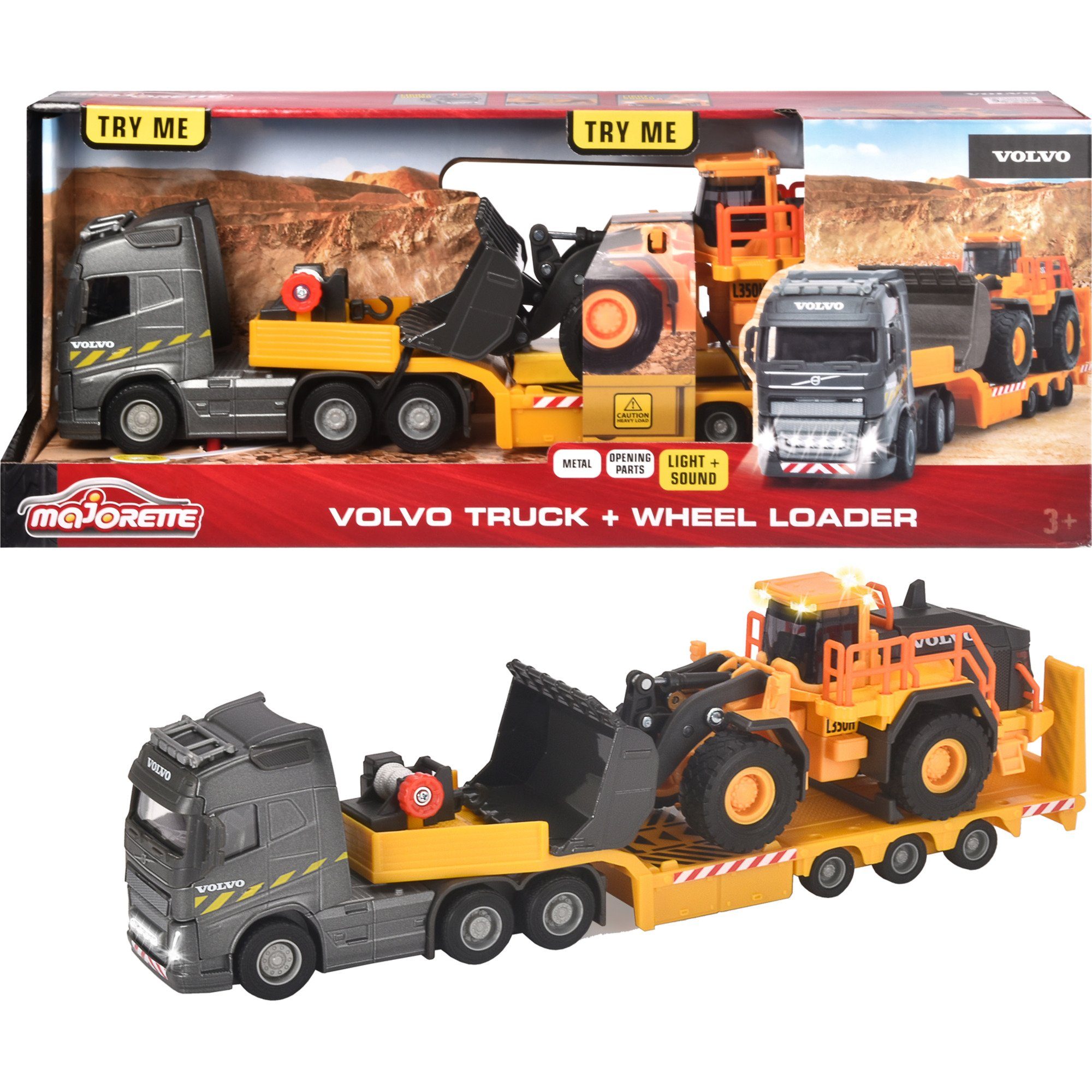 majORETTE Spielzeug-Auto Volvo Truck FH-16 mit Auflieger und Radlader