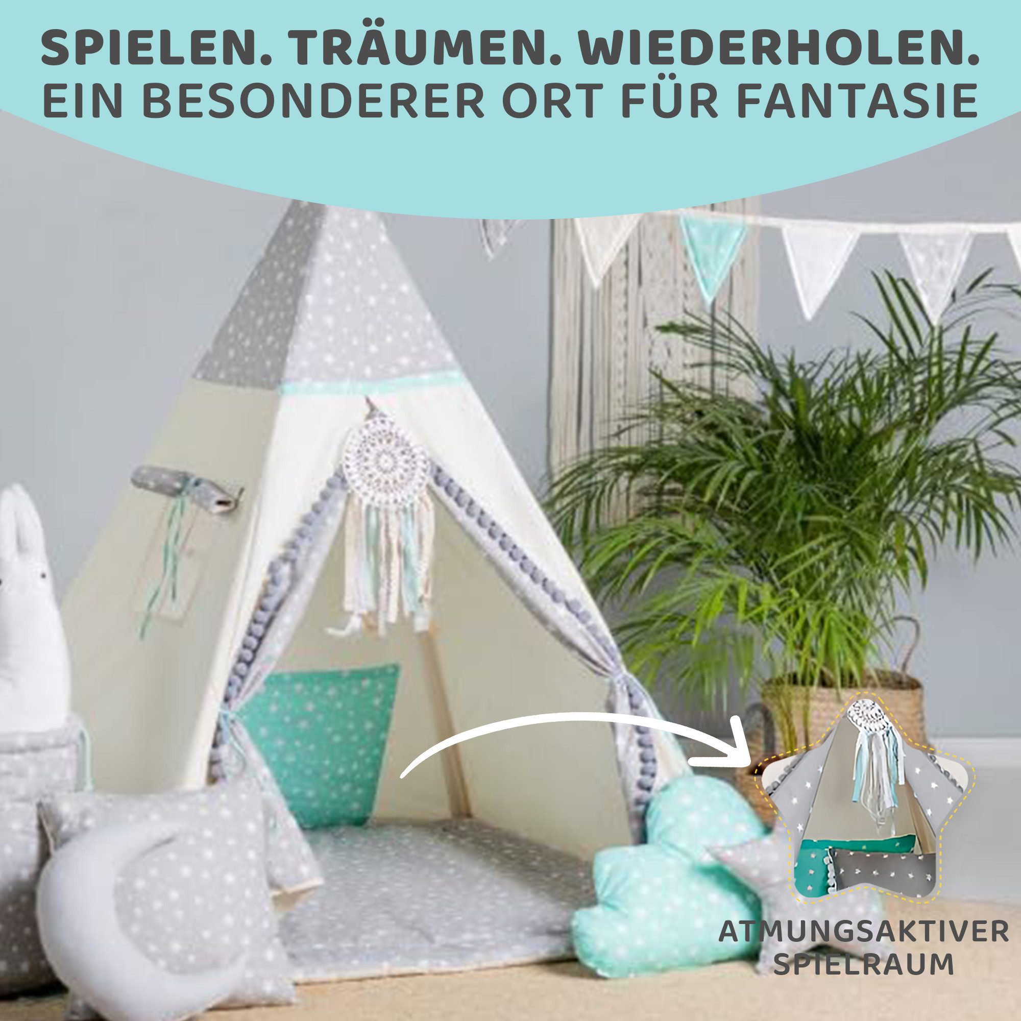 Rainbow Kids Tipi-Zelt Wolf Stern Grau, Personen: 2 (mit Zubehör, 8 tlg., mit 4 Kissen, Matte, Spielzeugkorb und Wimpelkette)