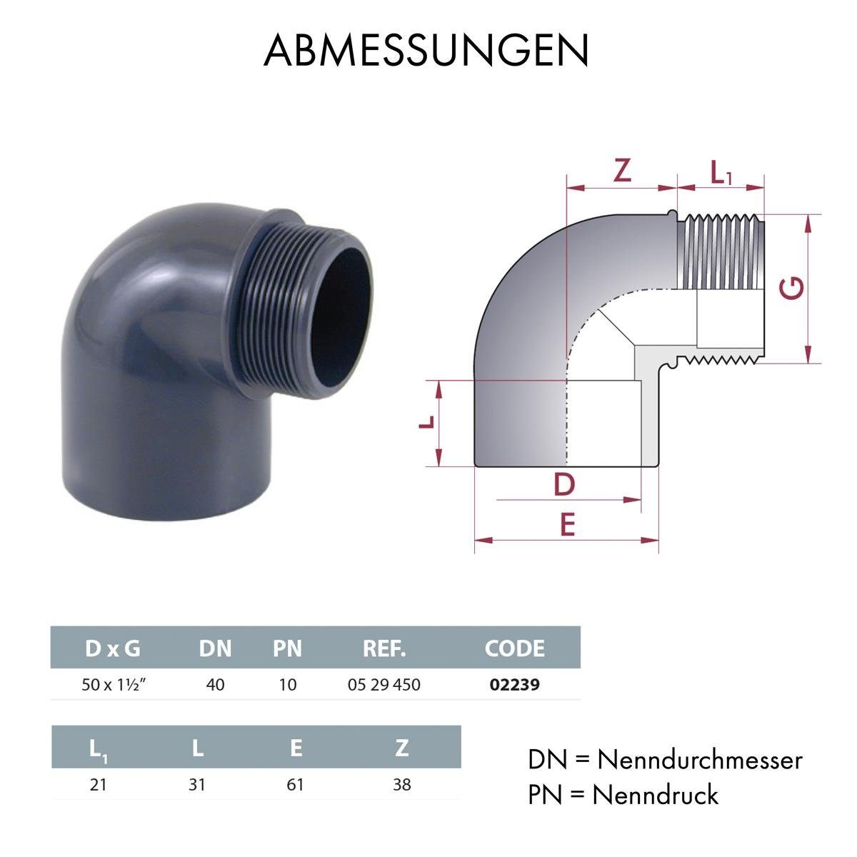 POWERHAUS24 Anschlussstück PVC Winkel 90 Grad D 50 mm auf 1 1/2 Zoll AG