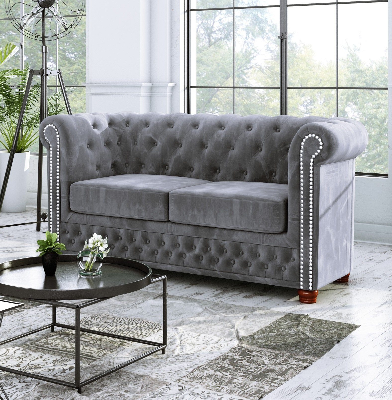 S-Style Möbel 2-Sitzer Leeds Chesterfield Sofa, mit Wellenfederung Grau | Einzelsofas