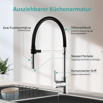 EMKE Küchenarmatur Wasserhahn KücheSilikon mit Schwarzem Weichschlauch Ausziehbar 2 Strahlarten,Küchenarmatur 360° Drehbar,Höhe 49.03cm