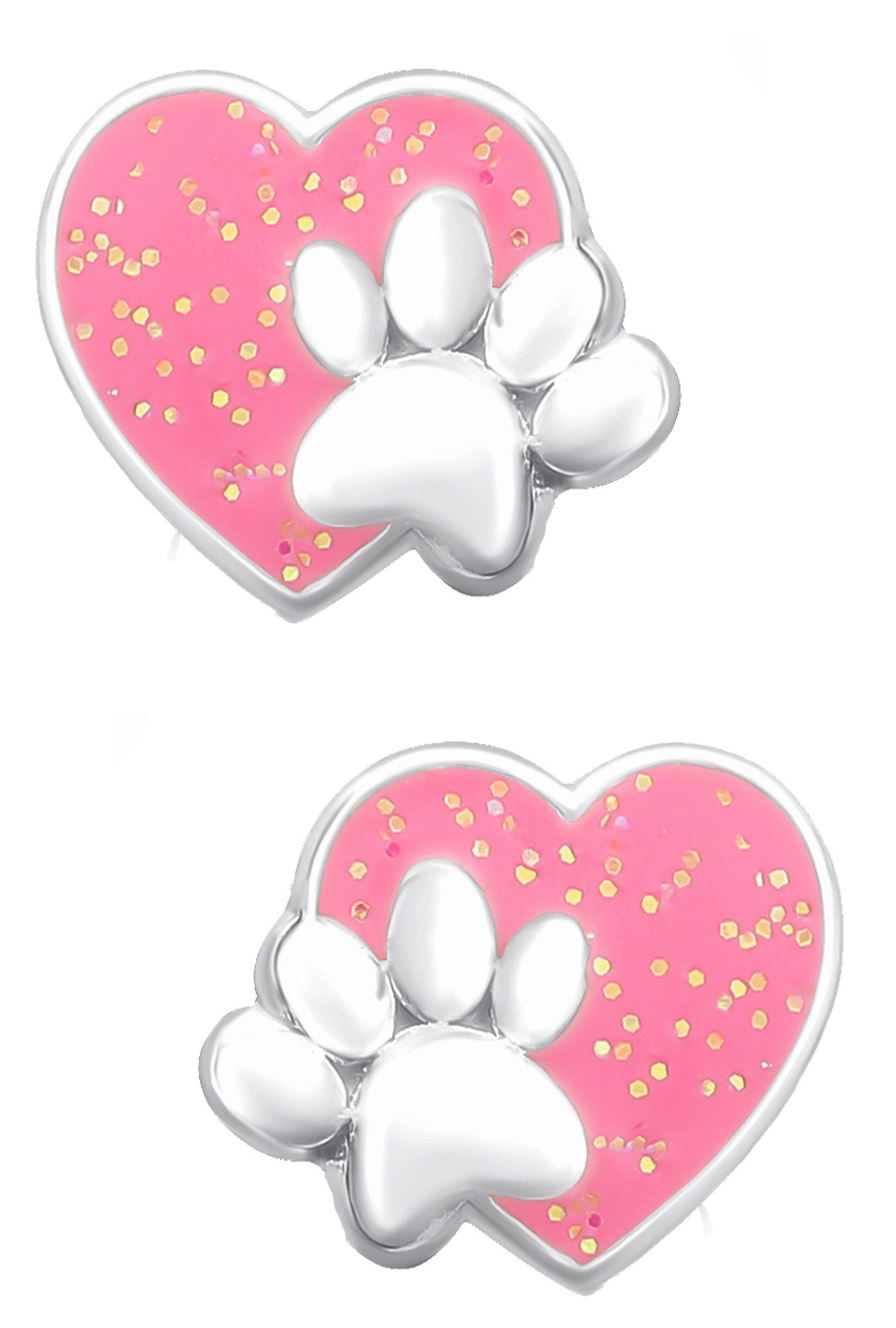 Limana Paar Ohrstecker Kinder Mädchen 925 Silber Herz Pfote mit Glitzer rosa, Kinderschmuck Kinderohrringe Mädchenohrringe Kinderohrstecker