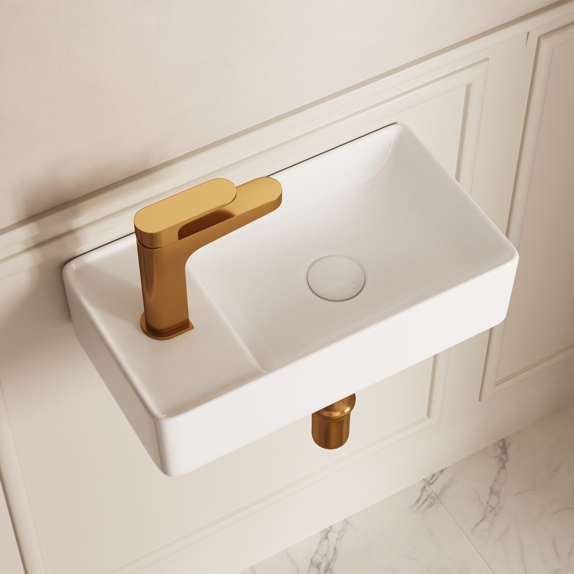 DeerValley Waschbecken Kleines Waschbecken für Gäste-WC zur Wandmontage (Set, Mit Waschbecken und Ablaufgarnitur, ohne Wasserhahn)