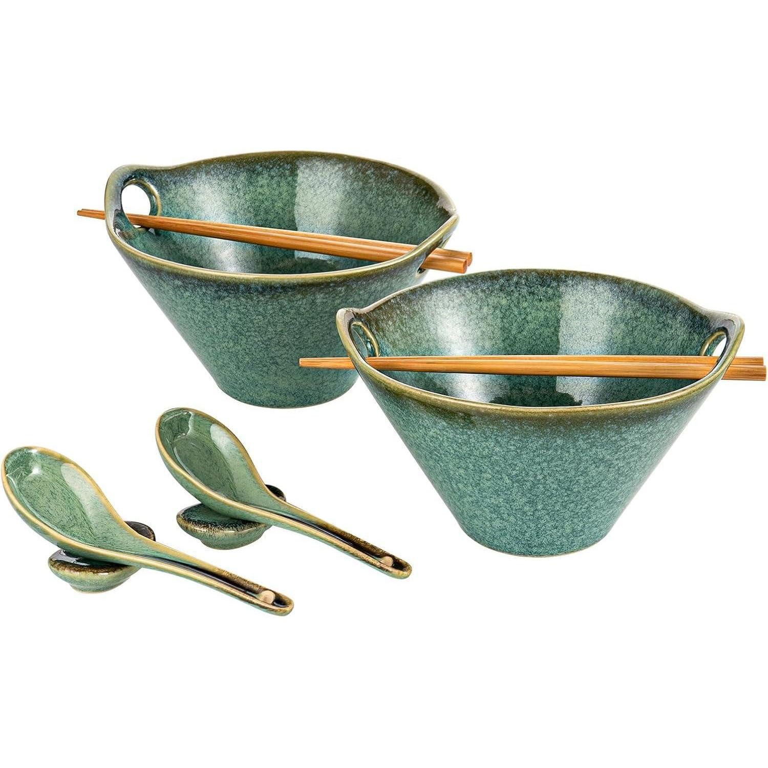 LuxusKollektion Suppenschüssel Ramen Schüssel Keramik Set 2 Essstäbchen Löffel 780ml glänzend Grün