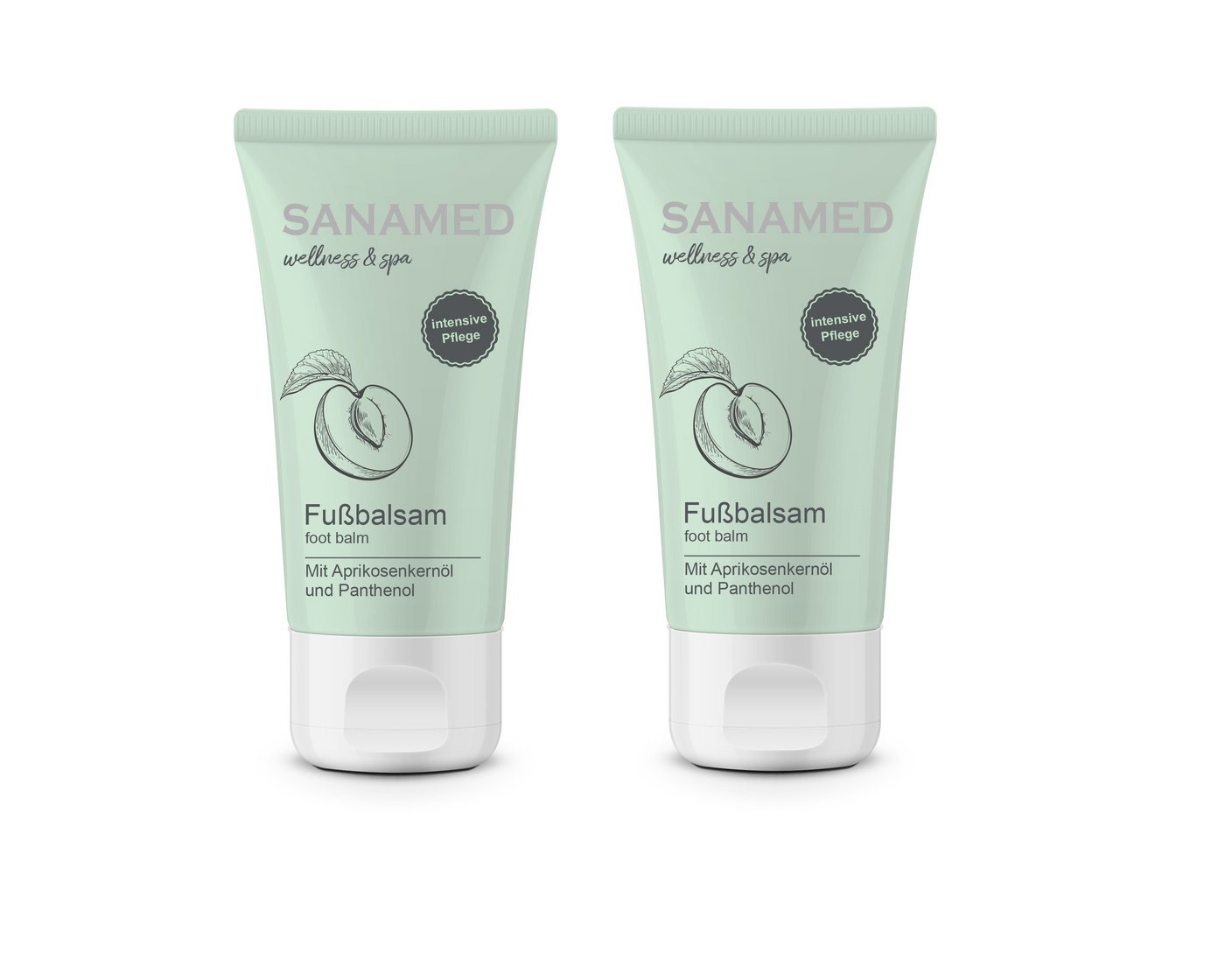 Sanamed Fußpflegecreme Fußbalsam mit Aprikosenkernöl und Panthenol, frei von Silikonölen, frei von Parabenen, frei von Farbstoffen, vegan