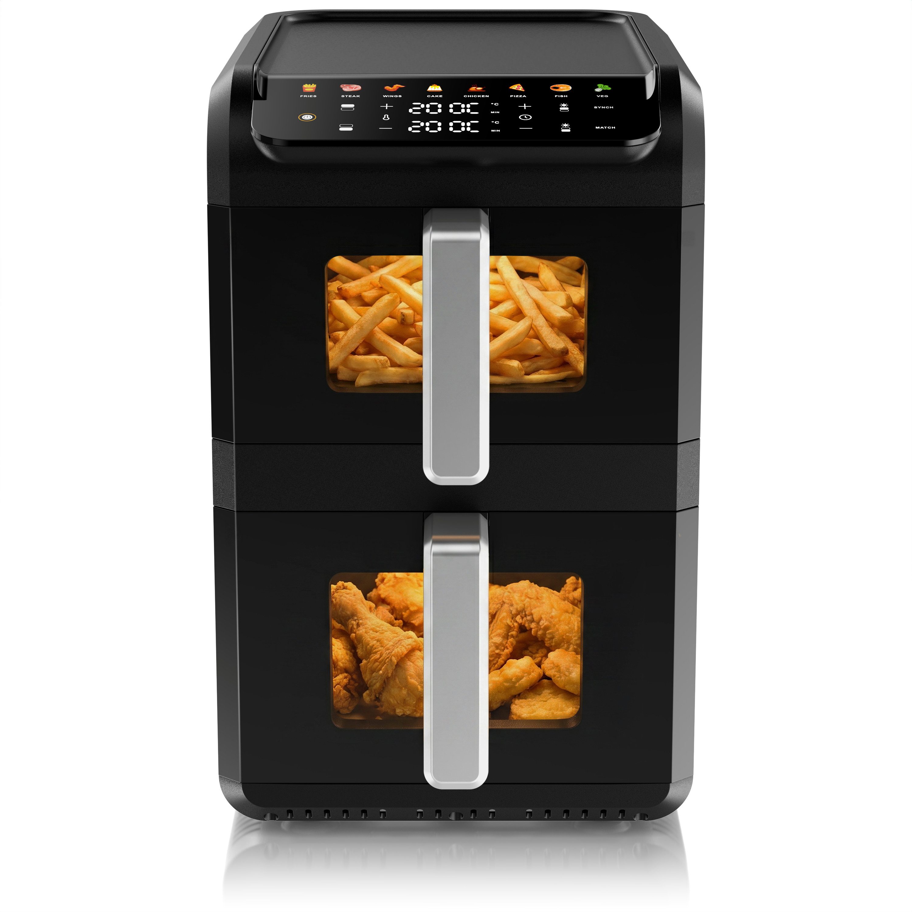 Arendo Heißluftfritteuse mit 2 Kammern Übereinander, XXL Dual Zone Airfryer 11L, Doppelkammer, 2700 W, Sichtfenster mit Innenbeleuchtung, Sync- & Match-Funktion, LED-Display