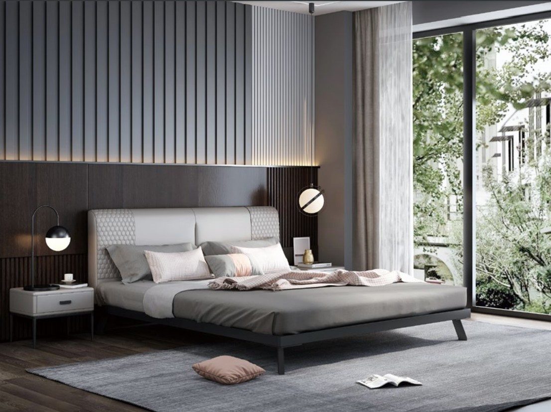 Xlmoebel Polsterbett Designer-Lederschlafbett in Gold und Grau mit Metallrahmen (Bett), Hergestellt in Europa