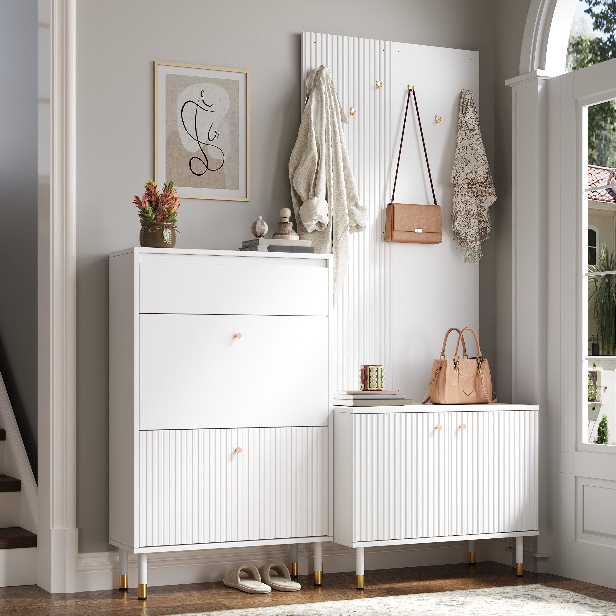 Merax Garderoben-Set mit 6 Haken, Schuhschrank mit Klappfächern und Schublade, (1-St), zweitüriger Aufbewahrungsschrank Garderobenwand Flurmöbel – Bild 3 von 5