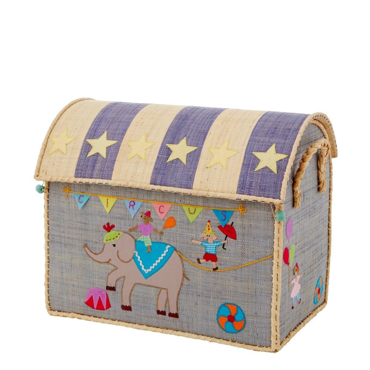 rice Aufbewahrungskorb Zirkusdesign mit Klappdeckel handgefertigt 44 x 26 x 38 cm mit Griffen