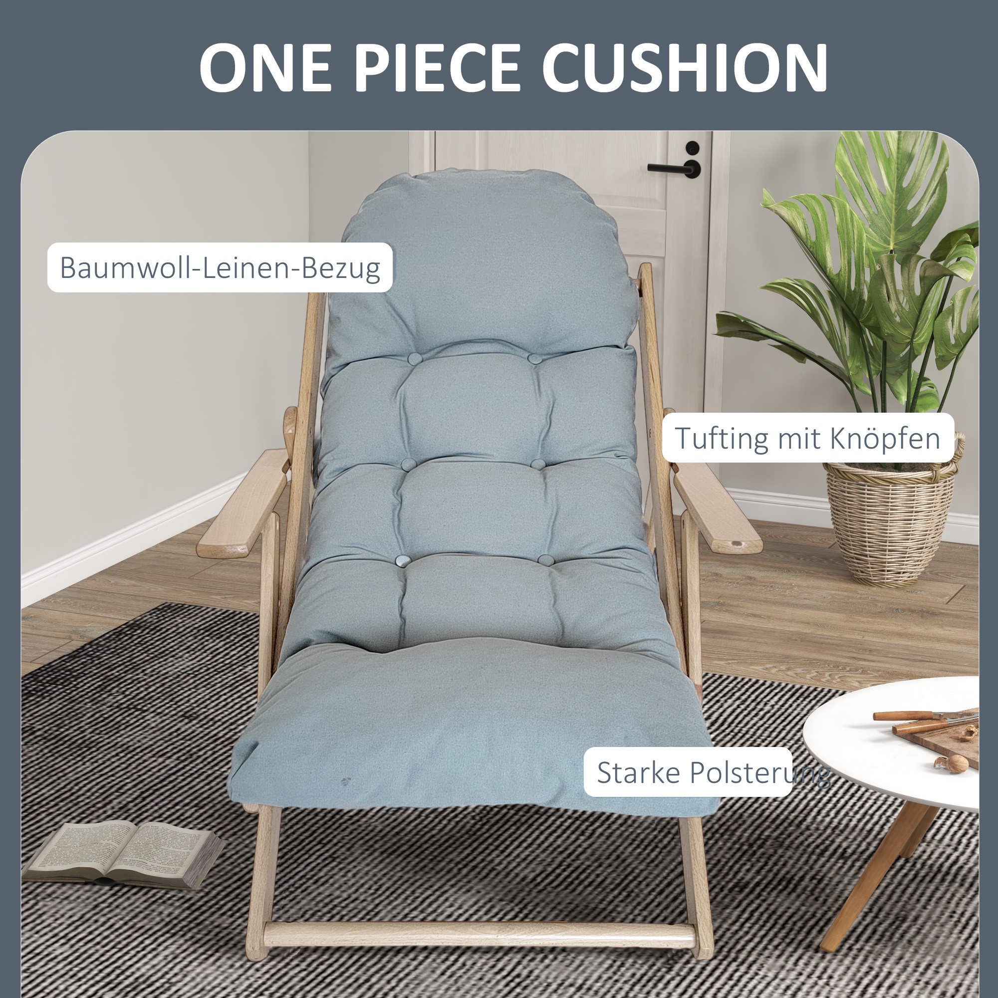 HOMCOM Relaxsessel Relaxstuhl Esszimmerstuhl mit Leinenoptik Hellgrau (Ruhesessel, 1-St., Klappbar Polstersessel), für Wohnzimmer, Buchenholz, 71 x 89 x 96 cm H – Bild 5 von 5