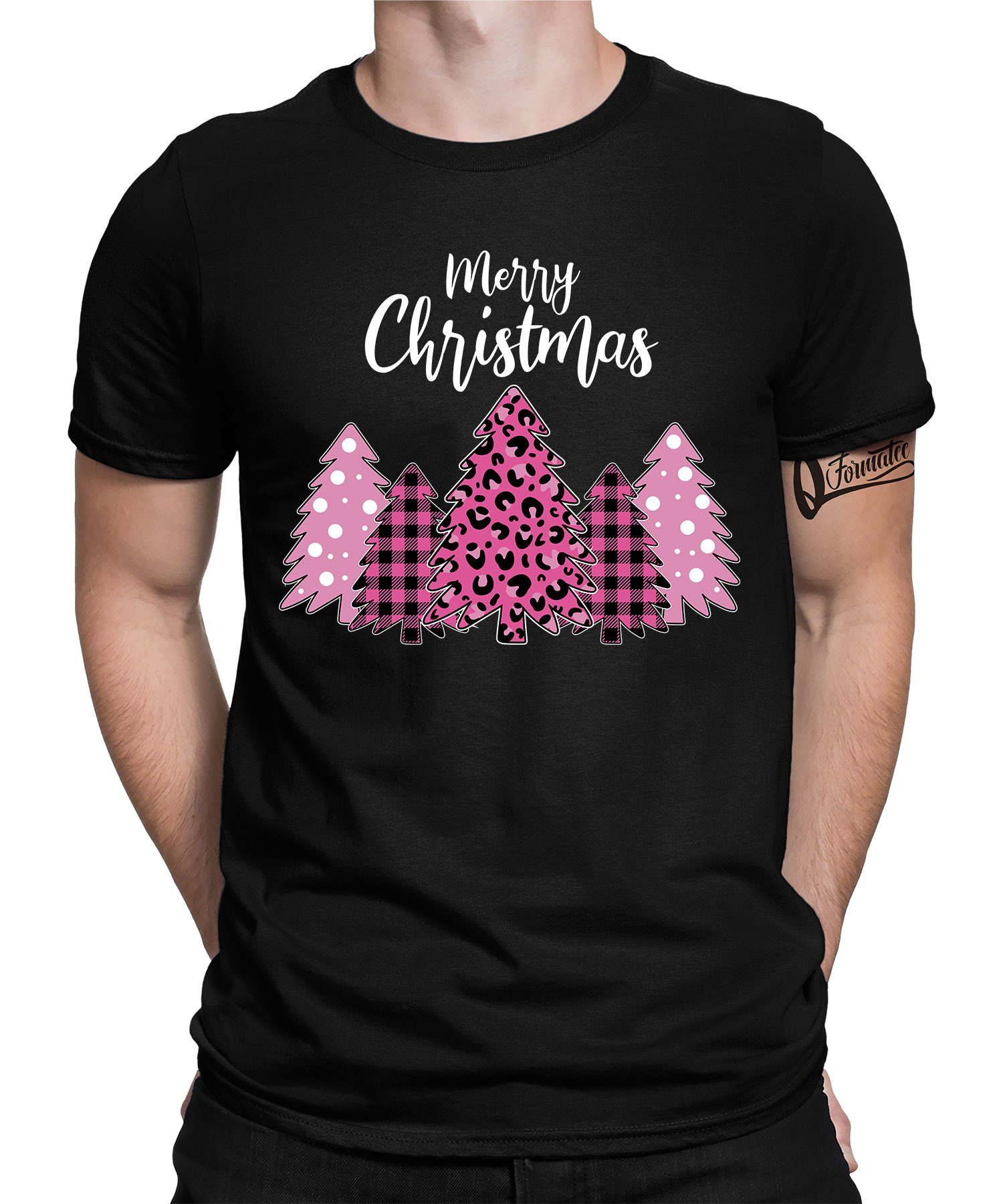 Quattro Formatee Kurzarmshirt Merry Christmas Weihnachtsbaum - Weihnachten X-mas Weihnachtsgeschenk (1-tlg) Schwarz