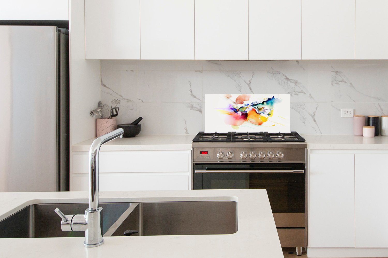 MuchoWow Küchenrückwand Aquarell - Regenbogen Kunst, Schmutzflecken für gegen Wandschutz, 60x30 Abstrakt - Fett (1-tlg), cm, Küchen und 