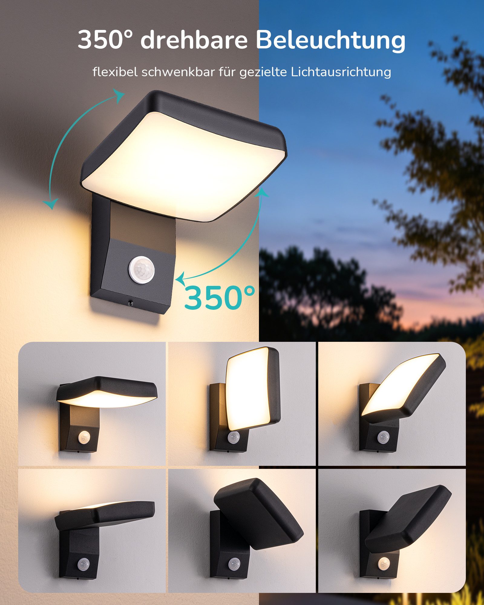 EDISHINE LED Außen-Wandleuchte mit Bewegungsmelder, LED fest integriert, 350° drehbar, 3000K, für Haustür, Garten, Terrasse und Garage – Bild 2 von 5