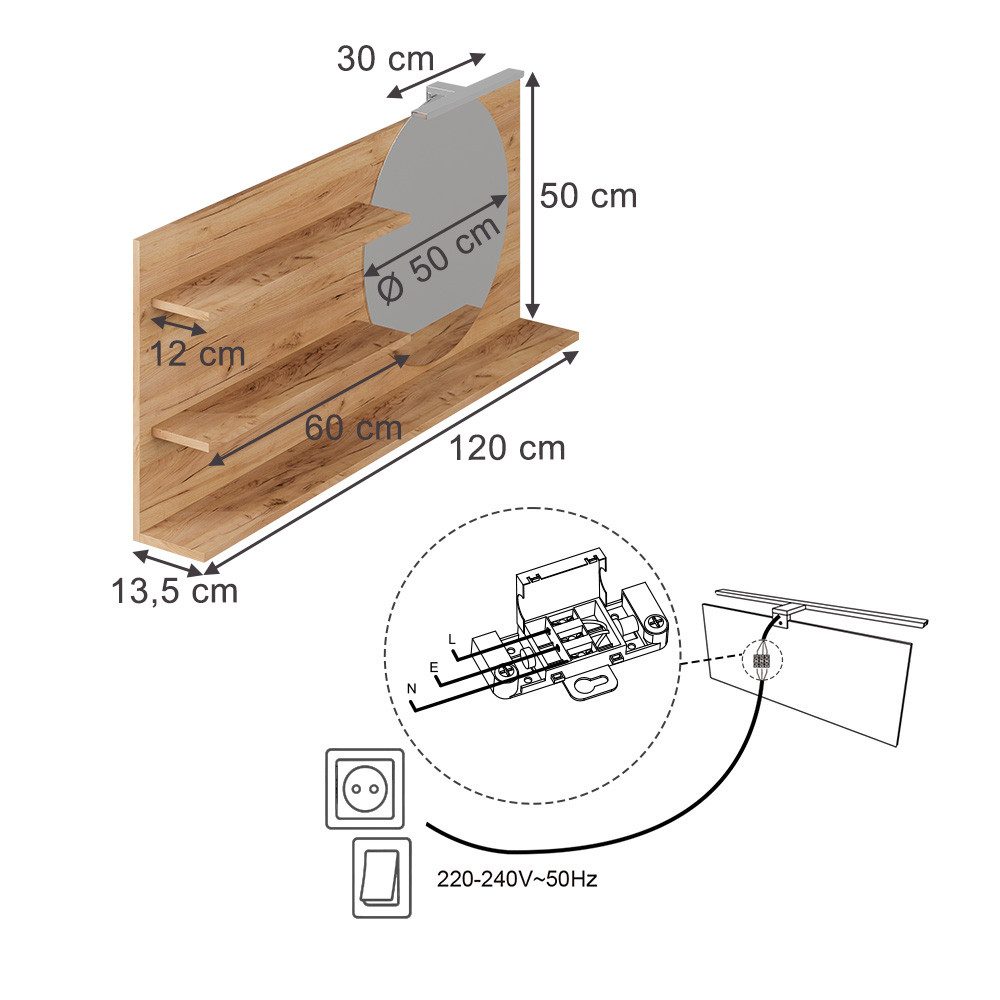 Vicco Badezimmerspiegelschrank Avena, Eiche, 120 x 50 cm mit 3 offenen Fächern (1-St)