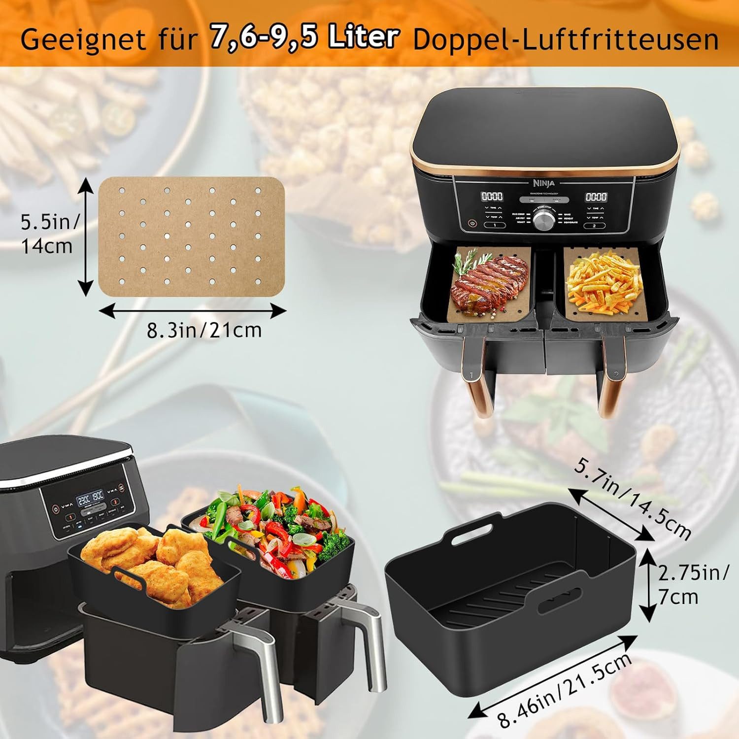 Refined Living Backform Airfryer Zubehör, Heißluftfritteuse Zubehör Set,Silikonformen,BPA-frei, (Heißluftfritteuse Zubehör Set 9-teilig, 100 Blatt Fettfreies BackpapierEdelstahl Rack, Spieße, Fritteusen Set, Dual-Zone Heißluftfritteuse Zubehör, Ideal für Pommes, Hähnchen und mehr,Familien und Partys, Langlebig, Vielseitigkeit, Gesund kochen, Keine Fette, keine Öle, Ninja Airfryer Zubehör 9-tlg), Für Ninja Foodi AF300EU, AF400EU und 7,6L-9,5L Zwei-Zonen-Fritteusen