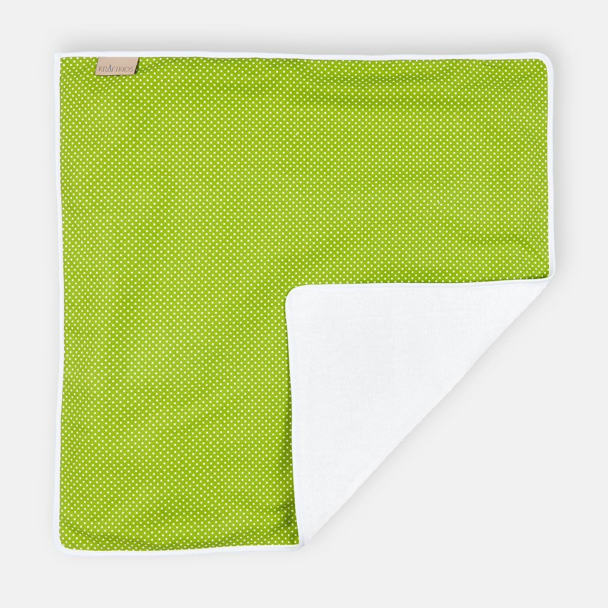 KraftKids Wickelauflage weiße Punkte auf Grün, Wickelunterlage aus 3 Stoffsichten 100% Baumwolle, Innen wasserundurchlässig, faltbar auch für Unterwegs