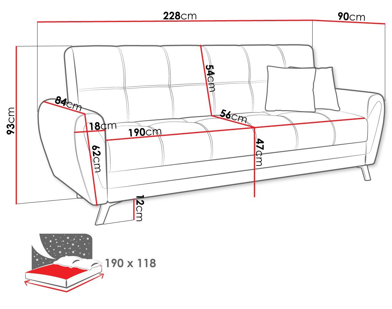 228x90x93 mit cm Bettkasten, 3-Sitzer, Metallfüße, Schlaffunktion Kaja, Schlafsofa und MIRJAN24