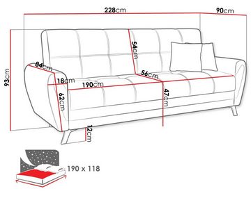 MIRJAN24 Schlafsofa Kaja, mit Schlaffunktion und Bettkasten, 3-Sitzer, Metallfüße, 228x90x93 cm
