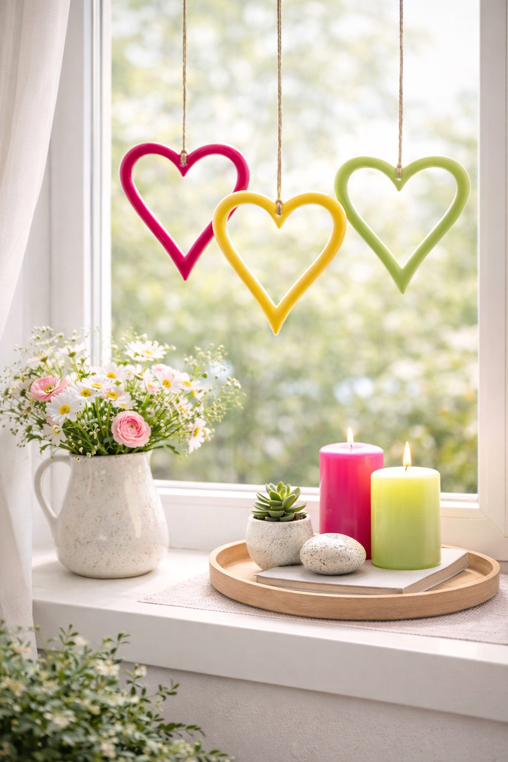 finehomegarden Dekohänger Metall Herz zum Hängen – Ø10cm – 3-farbig sortiert Pink, Gelb & Grün (Set, 3 St., 3tlg), Dekorative Hängeherz für Fenster, Wohnbereich & Garten – Frühlingsdeko