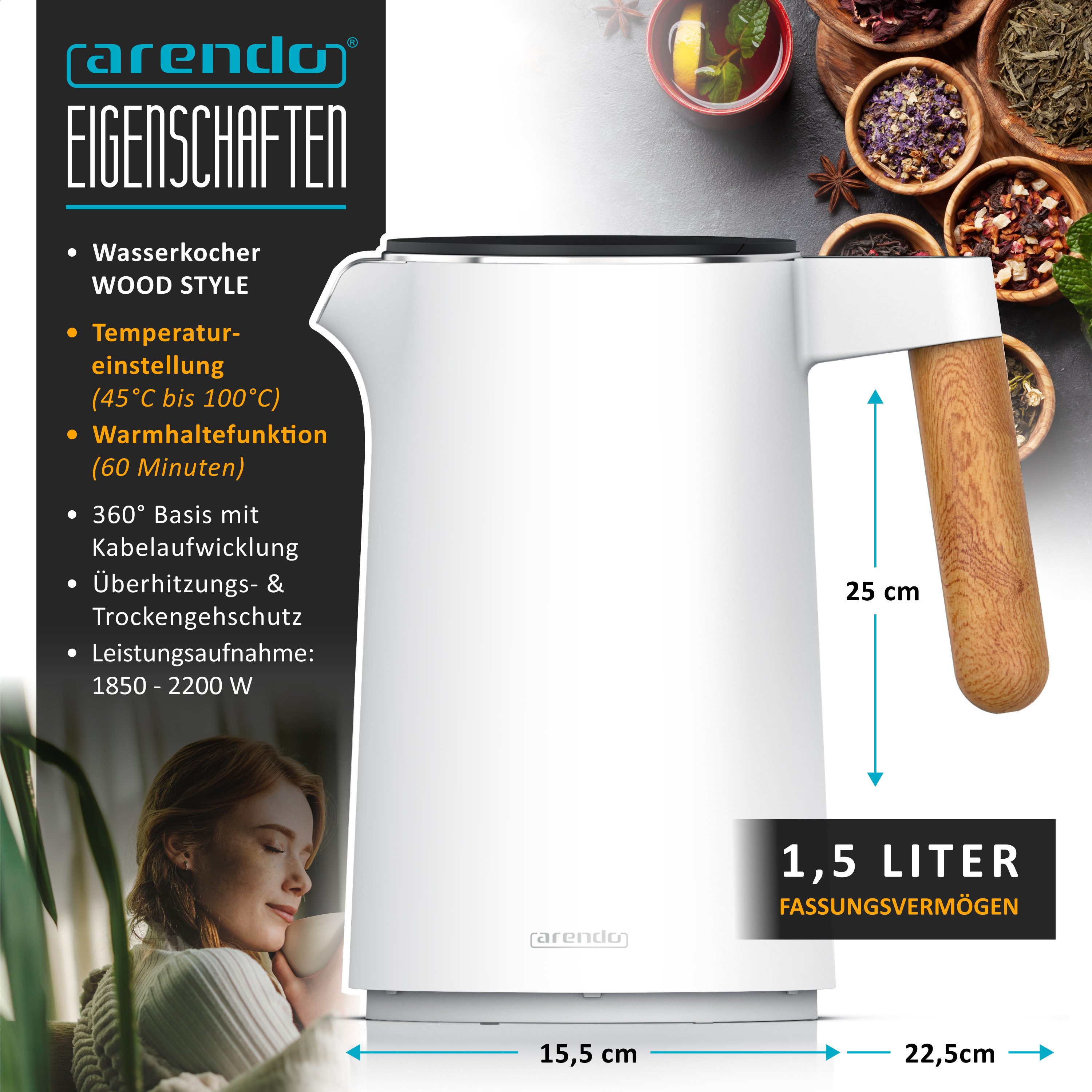 Arendo Wasserkocher Edelstahl, Temperatureinstellung 40° - 100 °C mit Anzeige, Doppelwand, 1,5 l, 2200 W, Warmhaltefunktion, 360° Basis, mit Griff in Holzoptik, BPA-frei