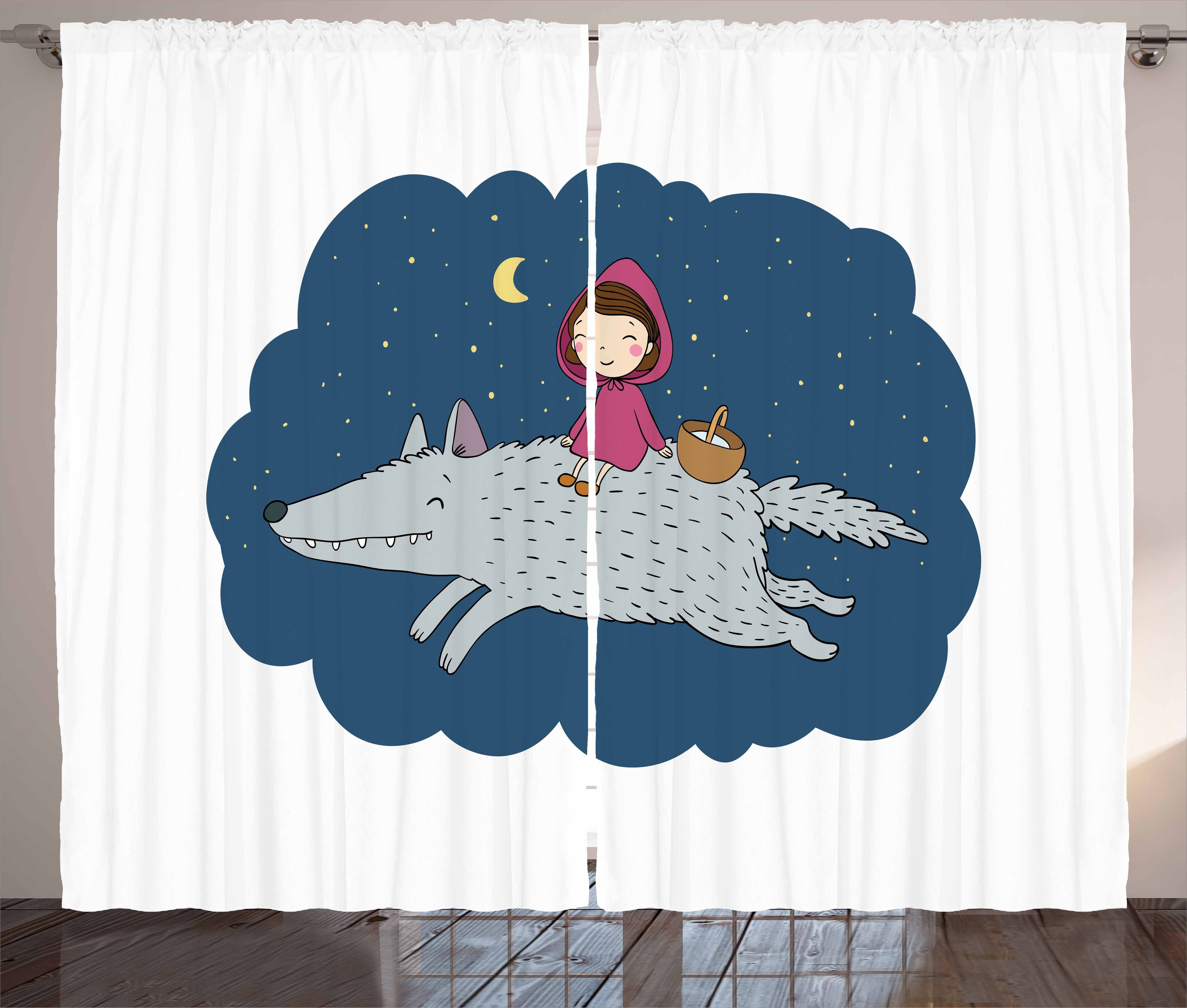 Gardine Schlafzimmer Kräuselband Vorhang mit Schlaufen und Haken, Abakuhaus, Tier Karikatur-Mädchen auf riesigen Wolf