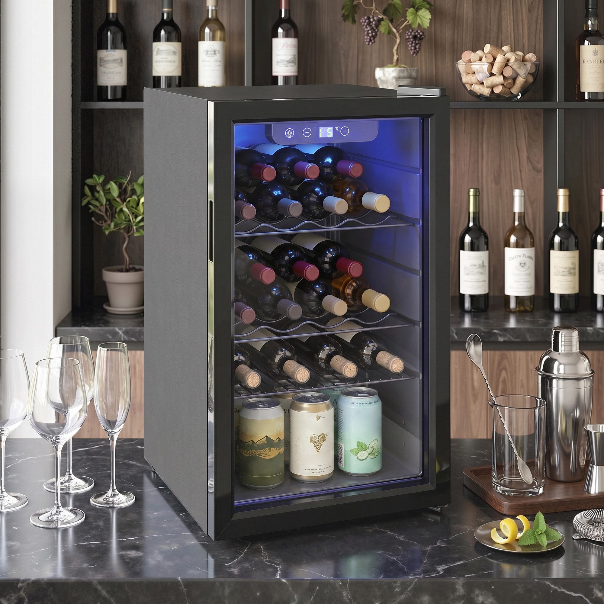 HOMCOM Weinkühlschrank, für 24 Standardflaschen á 0,75l,Stilvolle Doppelglastür, LED, Touch-Bedienung