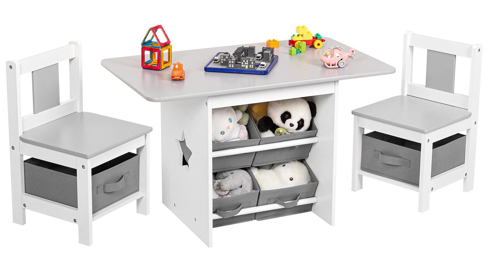 Yorbay Kindersitzgruppe Kindertisch mit 2 Stühlen, mit 6 Aufbewahrungskörben, (Kindersitzgruppe 3tlg, Grau +Weiß, Kindertisch mit Stauraum), Sitzgruppe für Kinder, Maltisch für Kinderzimmer, Spielzimmer
