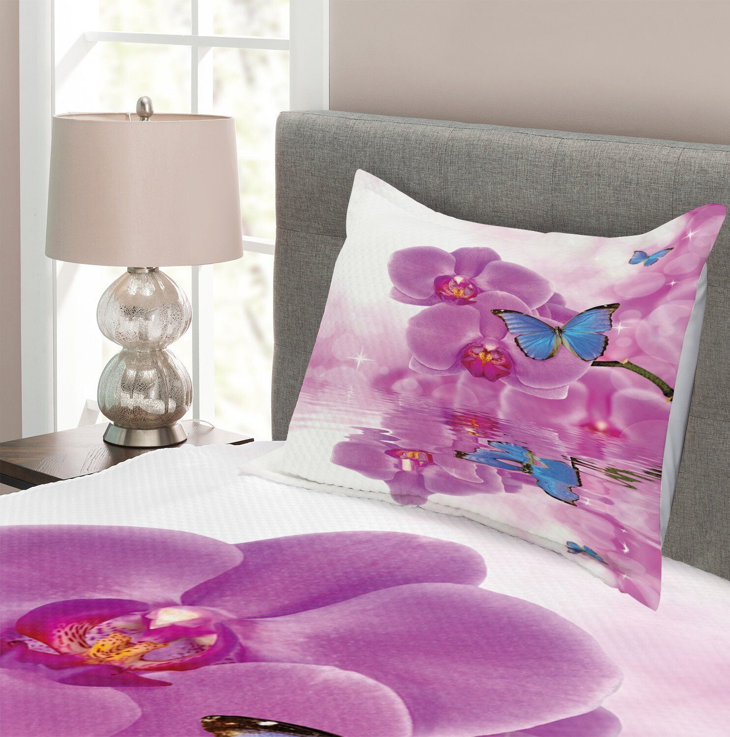 Tagesdecke Set mit Kissenbezügen Orchideen-Blüte Schmetterling Abakuhaus, auf Waschbar, Wasser
