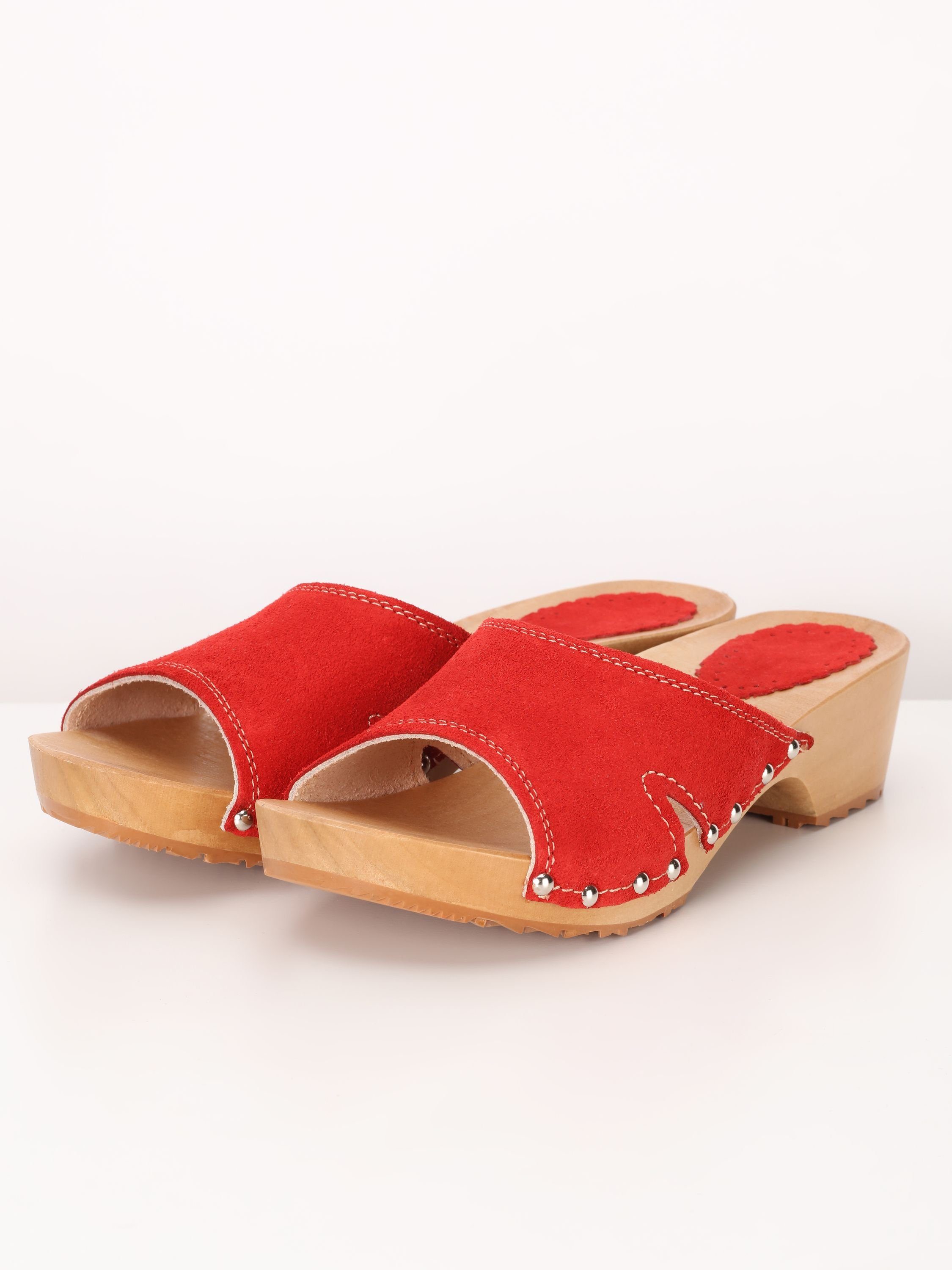 Holzclogs Hausschuh Sohle Ladeheid LAFA083 Holz Clogs Damen Holzschuhe Leder Rot