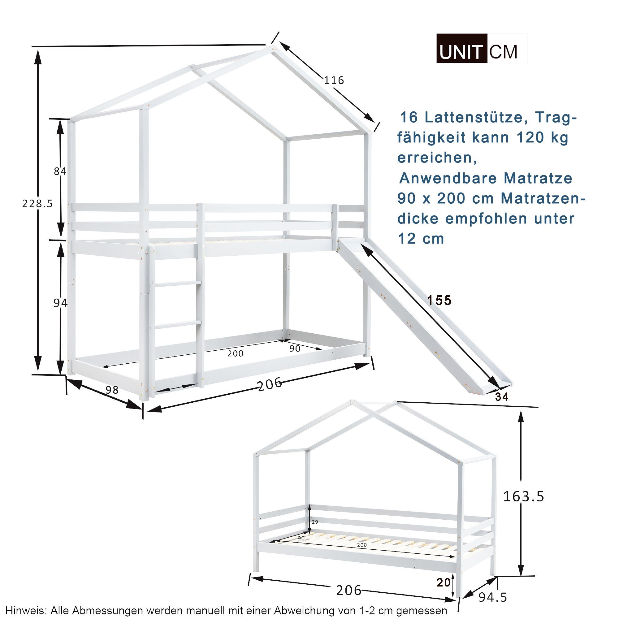 zusammenbaubar Geländer, 2 und niedrigen Massivholzbett Kinderbett Lattenrost in Etagenbett Betten Stauraum (mit 90x200cm selbst mit Jugendbett Hausform Platz, weiß Rutschen zu Fangqi und Leiter), darunter mit