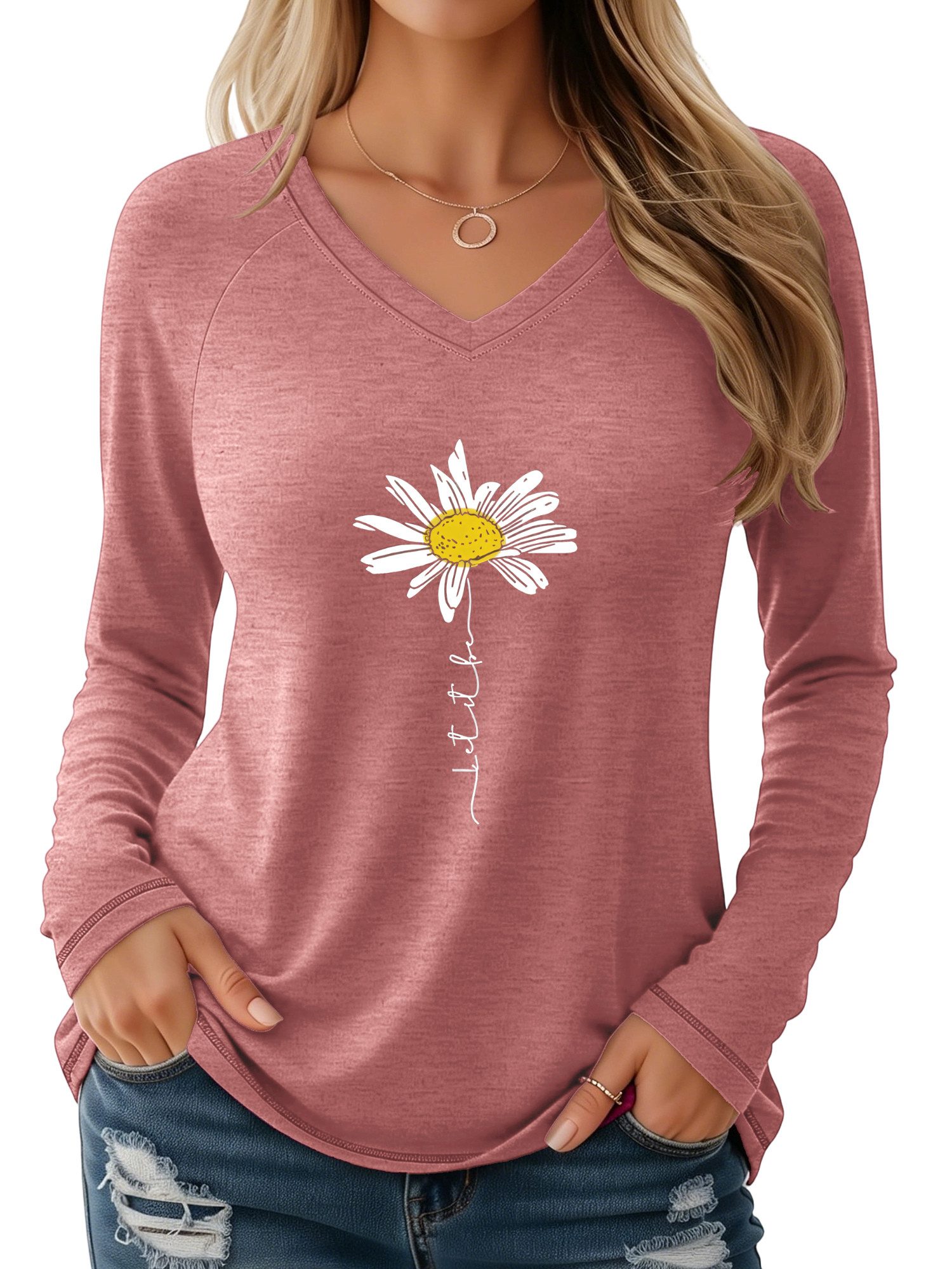 PYLIKE V-Shirt Damen V-Ausschnitt Longsleeve mit Gänseblümchen Print-Shirt