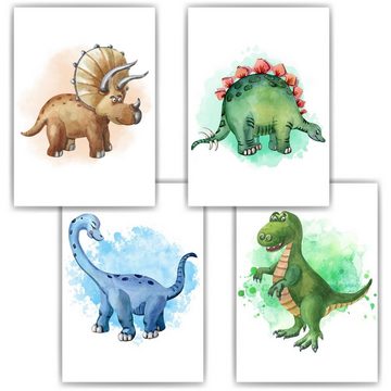 Tigerlino Poster Dinosaurier 4er Set Bilder Kinderzimmer Dino Babyzimmer Wandbilder