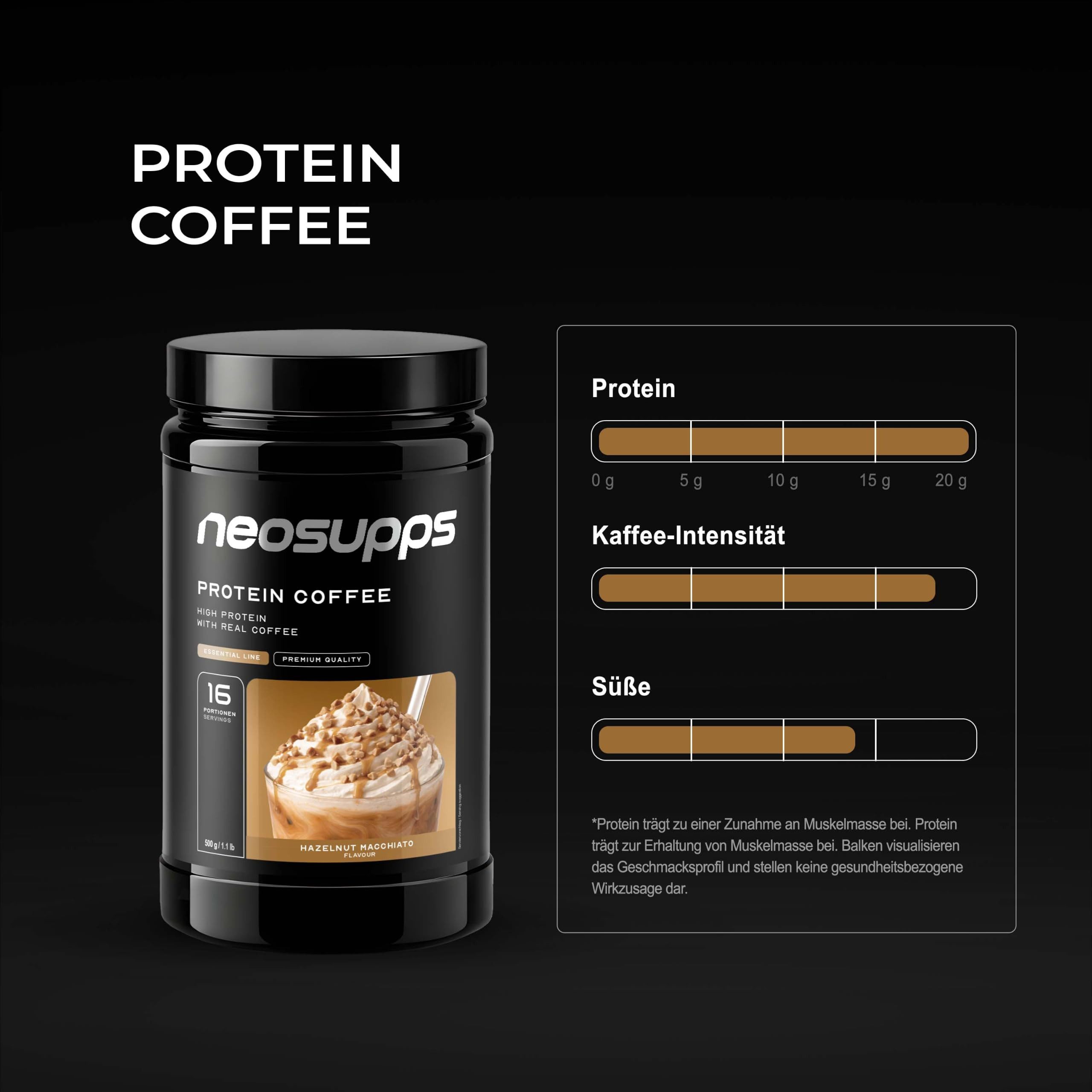 Neosupps Protein Iced Coffee Hazelnut Macchiato 500g, Eiweißkaffee, 20g Protein Pulver, 500 g, 80mg Koffein pro Portion, Low Sugar Protein Drink mit Kaffee