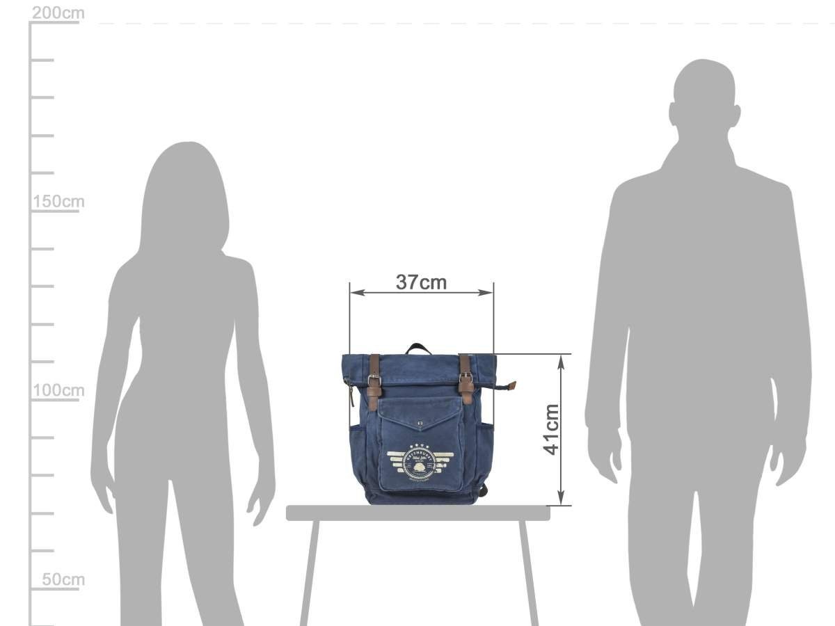 Greenburry Tagesrucksack Aviator Blue Edition, Canvas mit Lederbesatz, Kurierrucksack 37x41cm, Fahrradrucksack