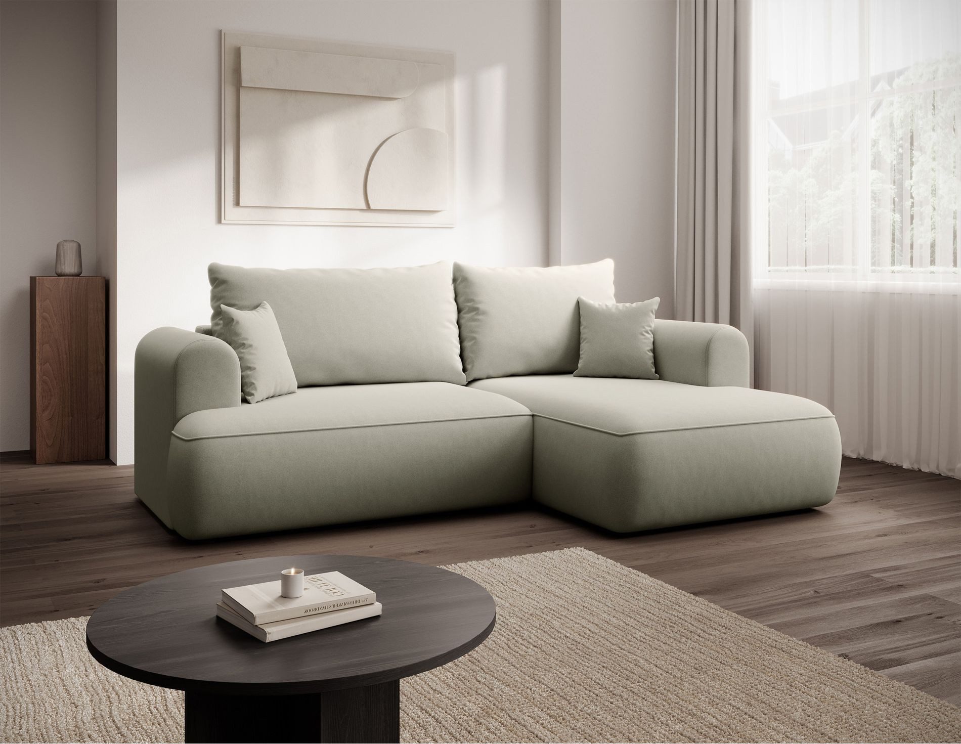 Selsey Ecksofa OVO MINI, Schlaffunktion 124x190 cm, Bettkasten, 2 Zierkissen