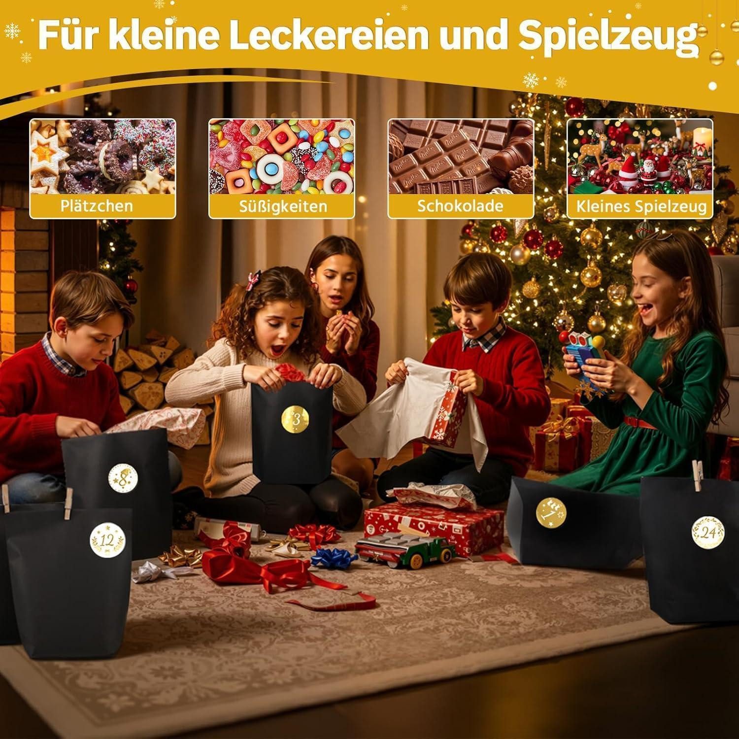 LuxusKollektion DIY-Adventskalender Adventskalender Schwarz 24 DIY Goldsticker Papiertüte + Holzklammern