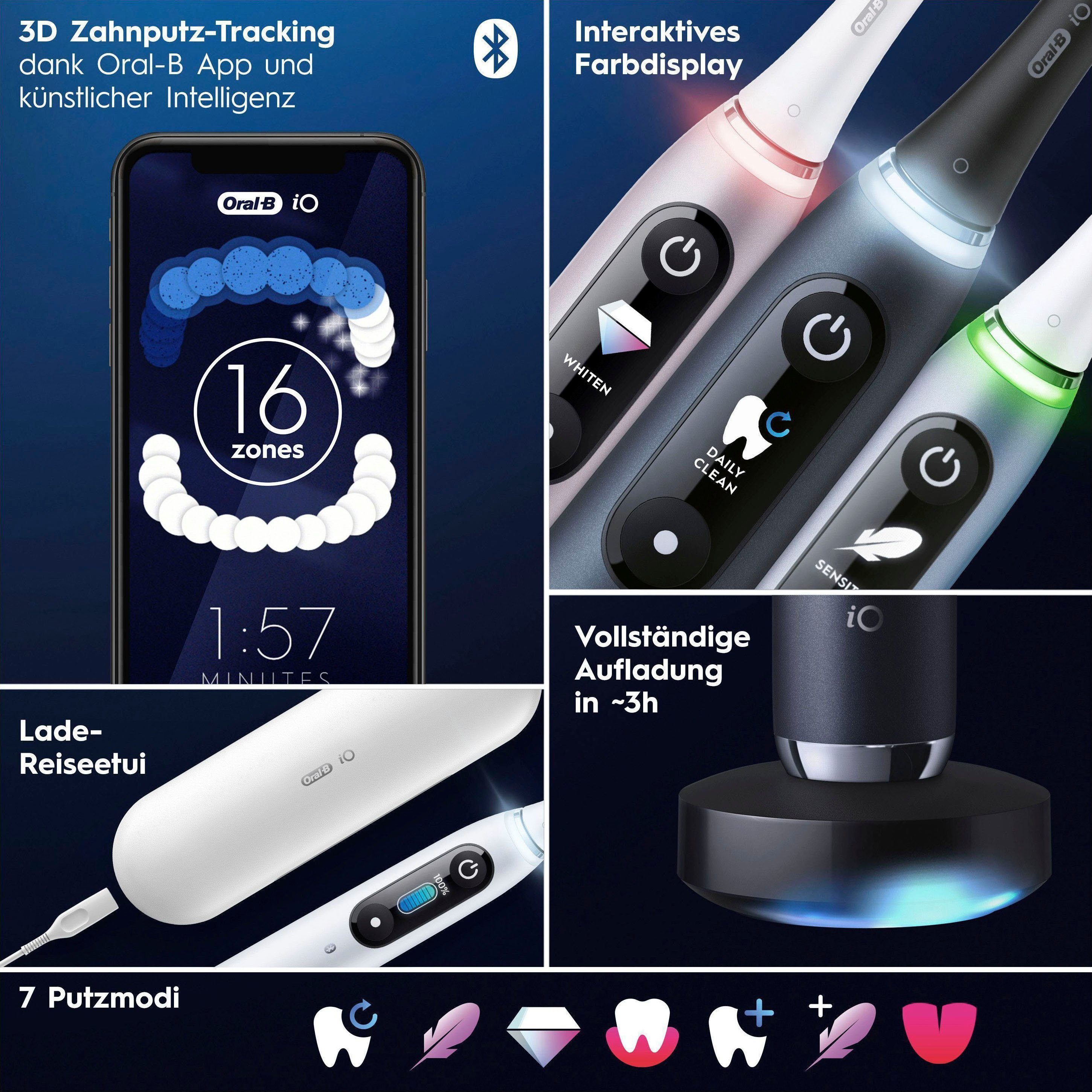 Oral-B Elektrische Putzmodi, 2 Aufsteckbürsten: mit Magnet-Technologie, Zahnbürste Lade-Reiseetui White & Farbdisplay 9, Alabaster 7 St., iO