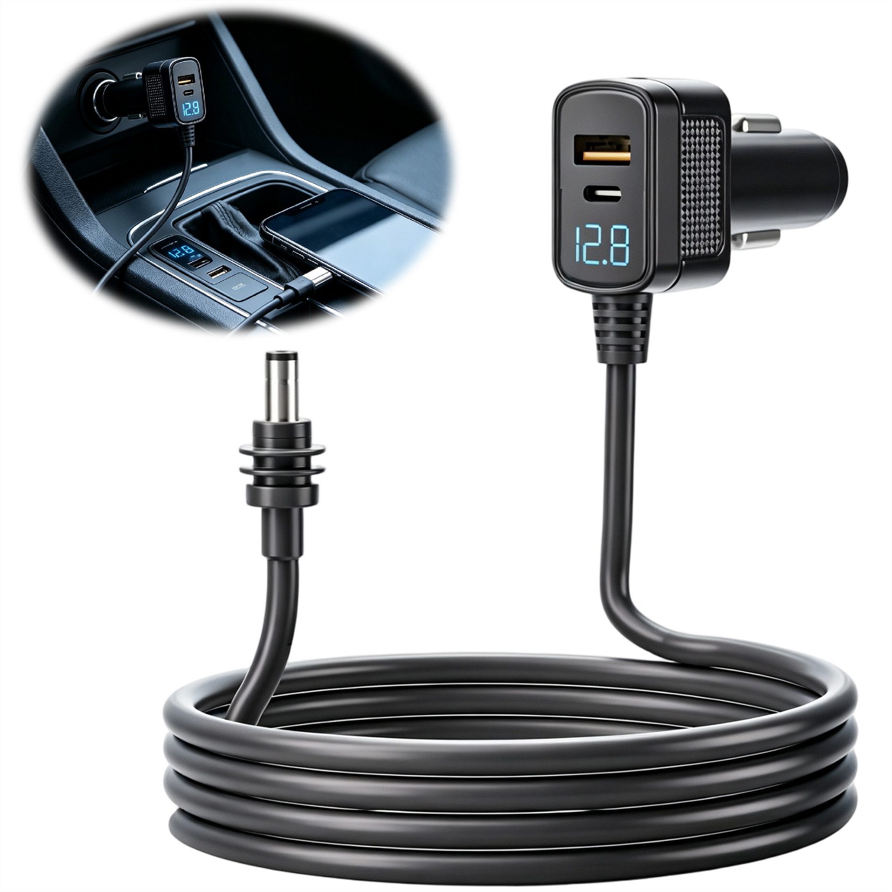 Senmudi Zigarettenanzünder-Verteiler 2 in 1 Zigarettenanzünder USB C Provides 60W Auto Ladegerät (USB Adapter KFZ Ladegerät USB C Zigarettenanzünder Kompatibel, 3M Langkabel & Digitaler Spannungsanzeige, IP65 wasserdicht), Adapter Kfz 12V-24V für iPhone, Samsung Galaxy, Google Pixel, Tablets