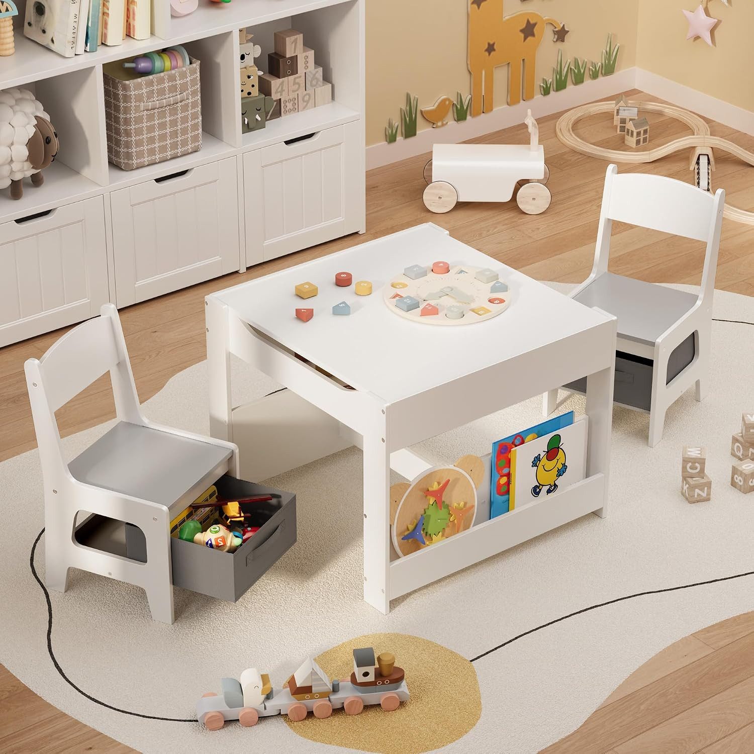 Blishom Kindersitzgruppe Kindertisch-Set 4-in-1 mit Stauraum Holzwerkstoff 61,5x61,5x48 cm, (3-tlg., Kindertisch mit 2 Stühlen), umklappbare tischplatte, Tische und Stühle mit Stauraum