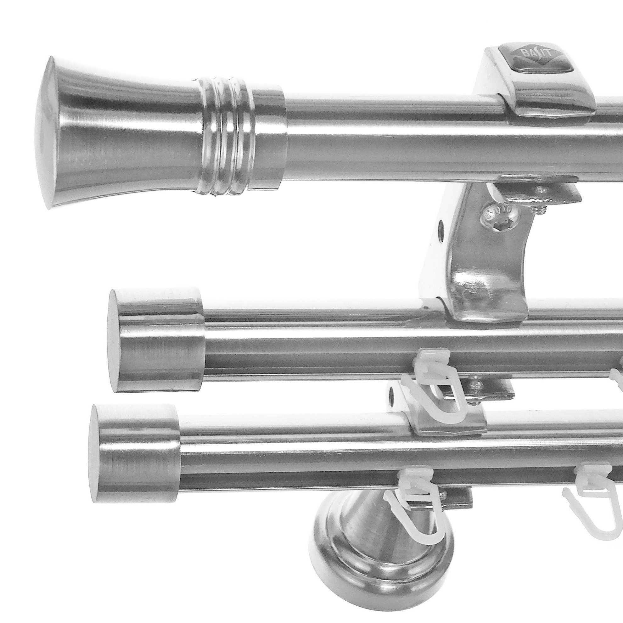 BASIT Gardinenstange Rohr und Innenlauf Edelstahloptik 20mm mit Wandträgern 140 cm E86, Ø 20 mm, 3-läufig, verschraubt, Metall, H60RII 140 cm E86 Knauf