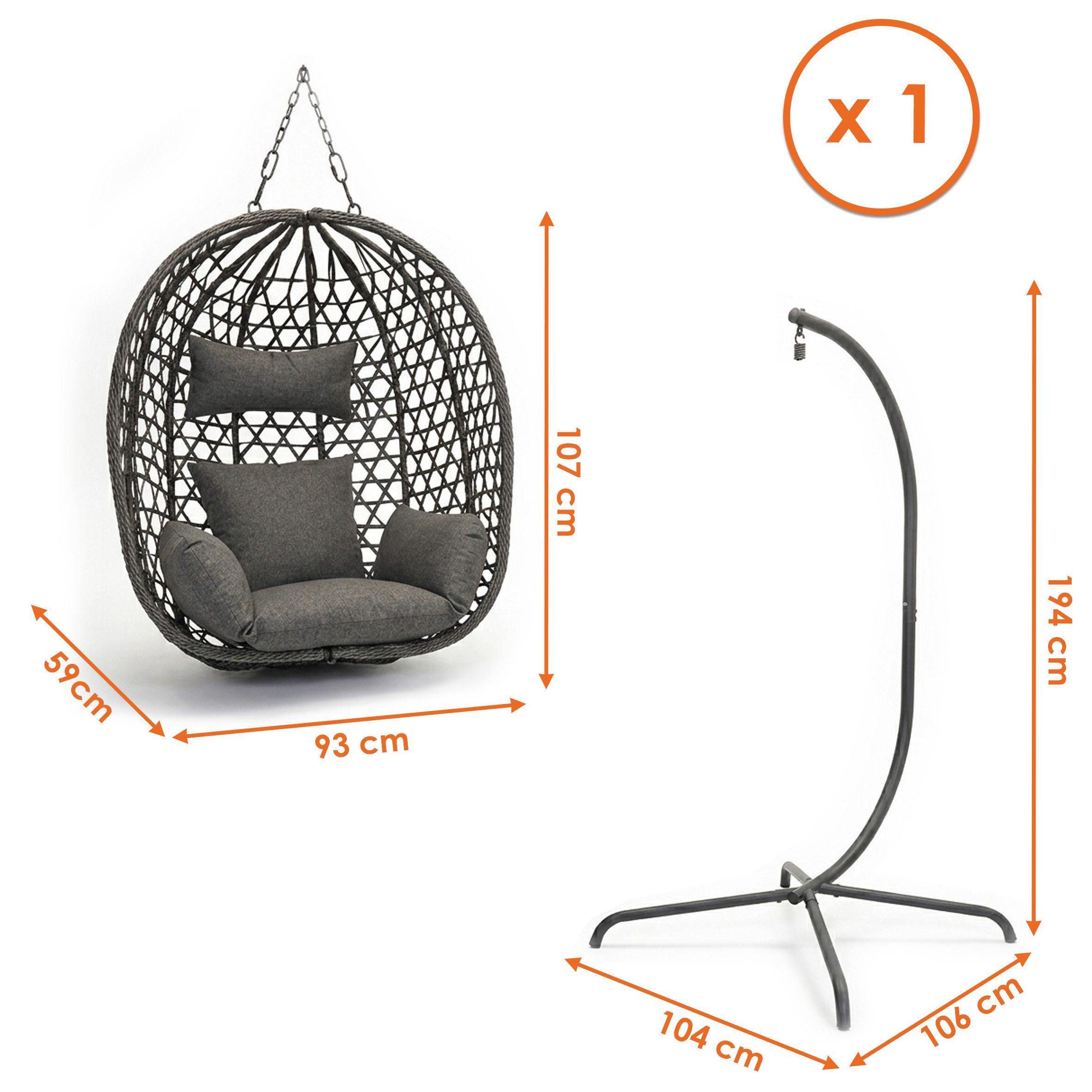Spetebo Hängesessel Outdoor Hängestuhl mit Sitz-und Kopfkissen für Außen und Innen (Anzahl, 1-St., anthrazit), Polyrattan Hängesessel mit Gestell und Standfuß, 194 x 104 cm
