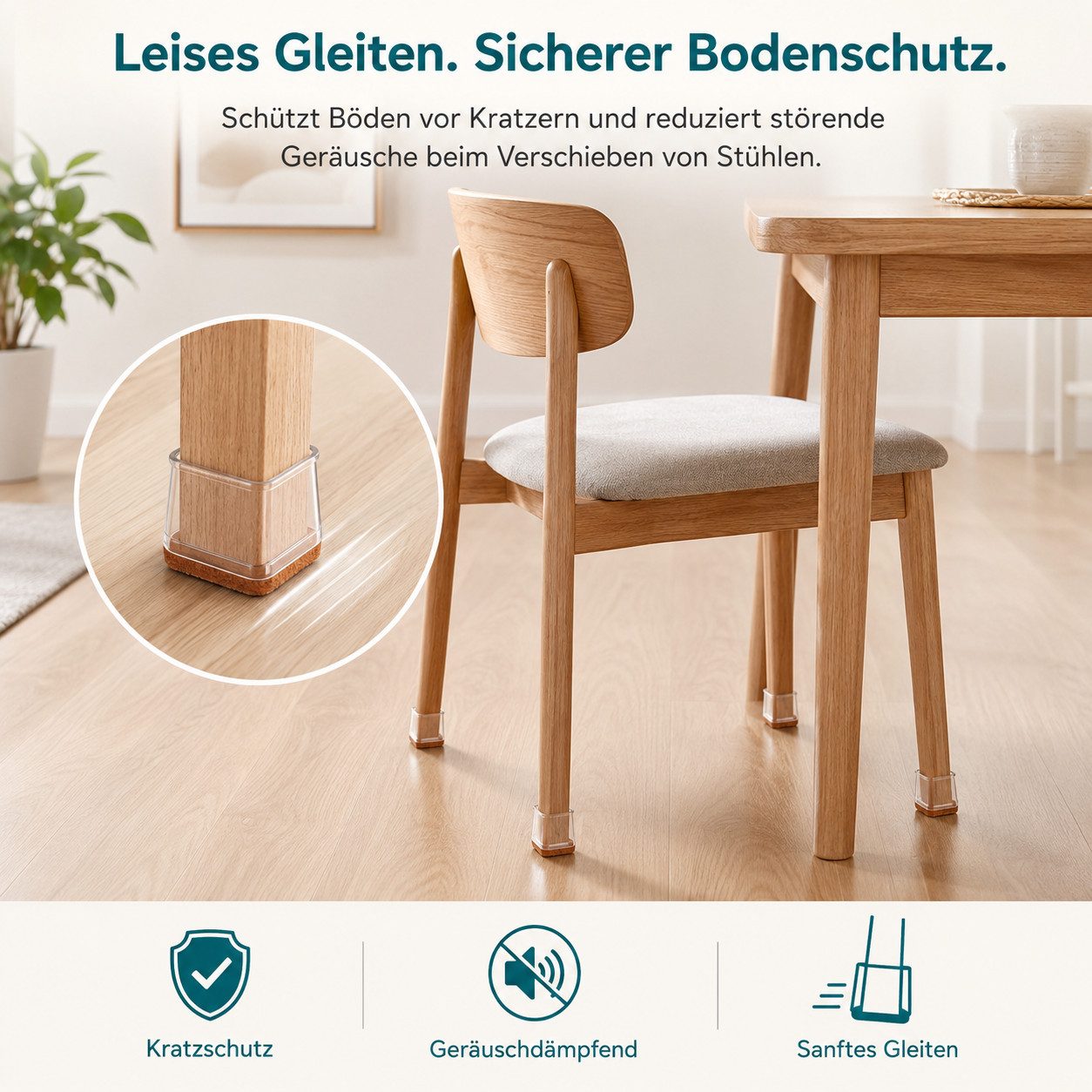 JASLIFE Filzgleiter 24 Stuhlbeinkappen, transparent, für eckige Möbelbeine, (Set), Für Küche, Esszimmer & Büro, mit Filz, leise, kratzschützend