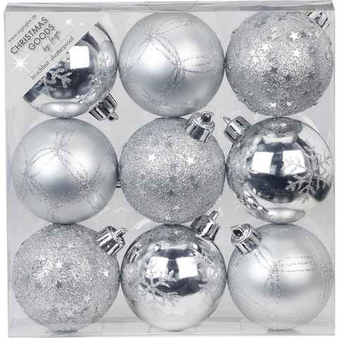 INGE-GLAS® Christbaumschmuck Weihnachtskugeln, 9 Stk. 6 cm Silber, Kunststoff, Christbaumschmuck, Baumdekoration, Baumschmuck, Weihnachtsdekoration, Kugel-Set