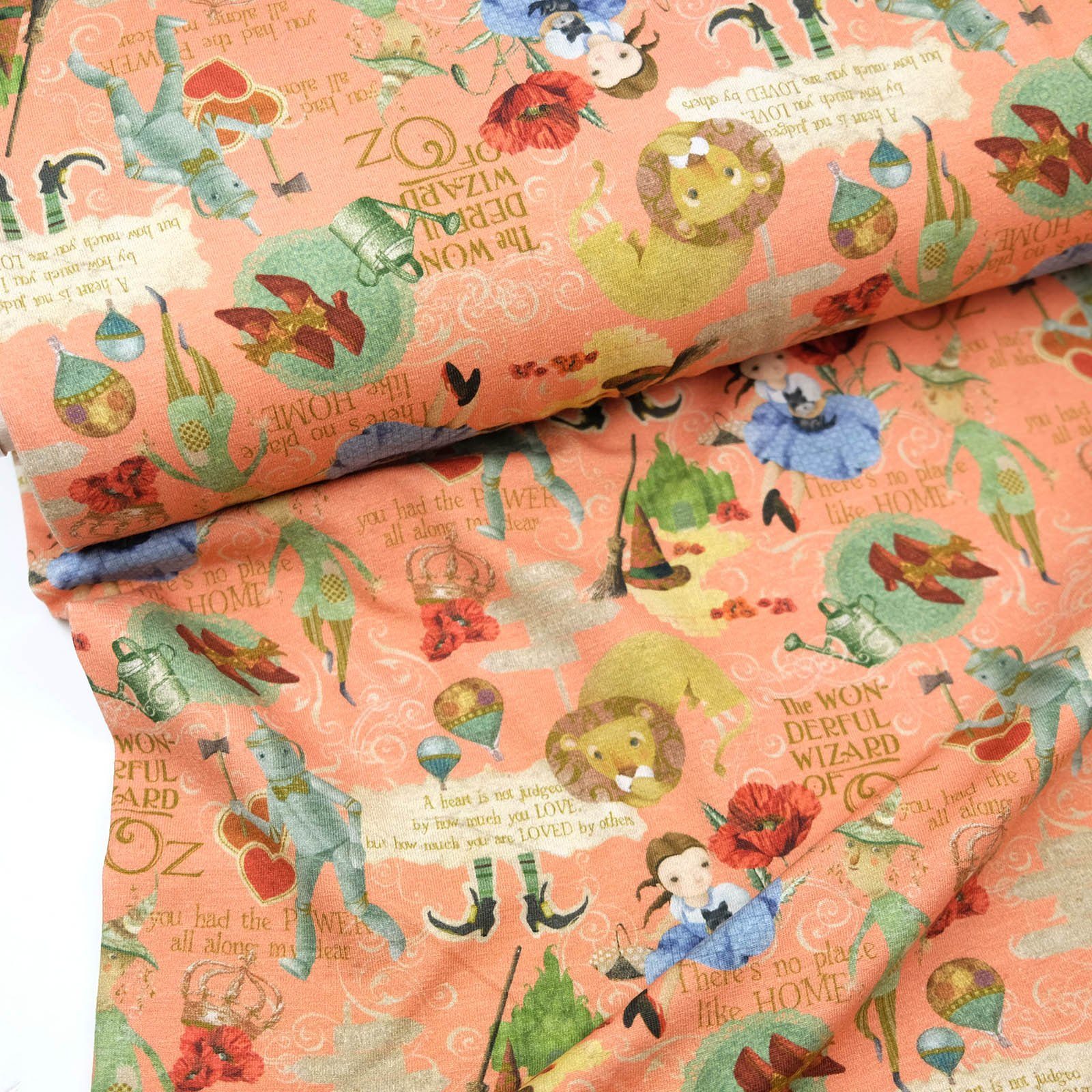 larissastoffe Stoff Jersey Stoff Kindermotiv Märchen Zauberer von Oz apricot, Meterware, 50 cm x 140 cm